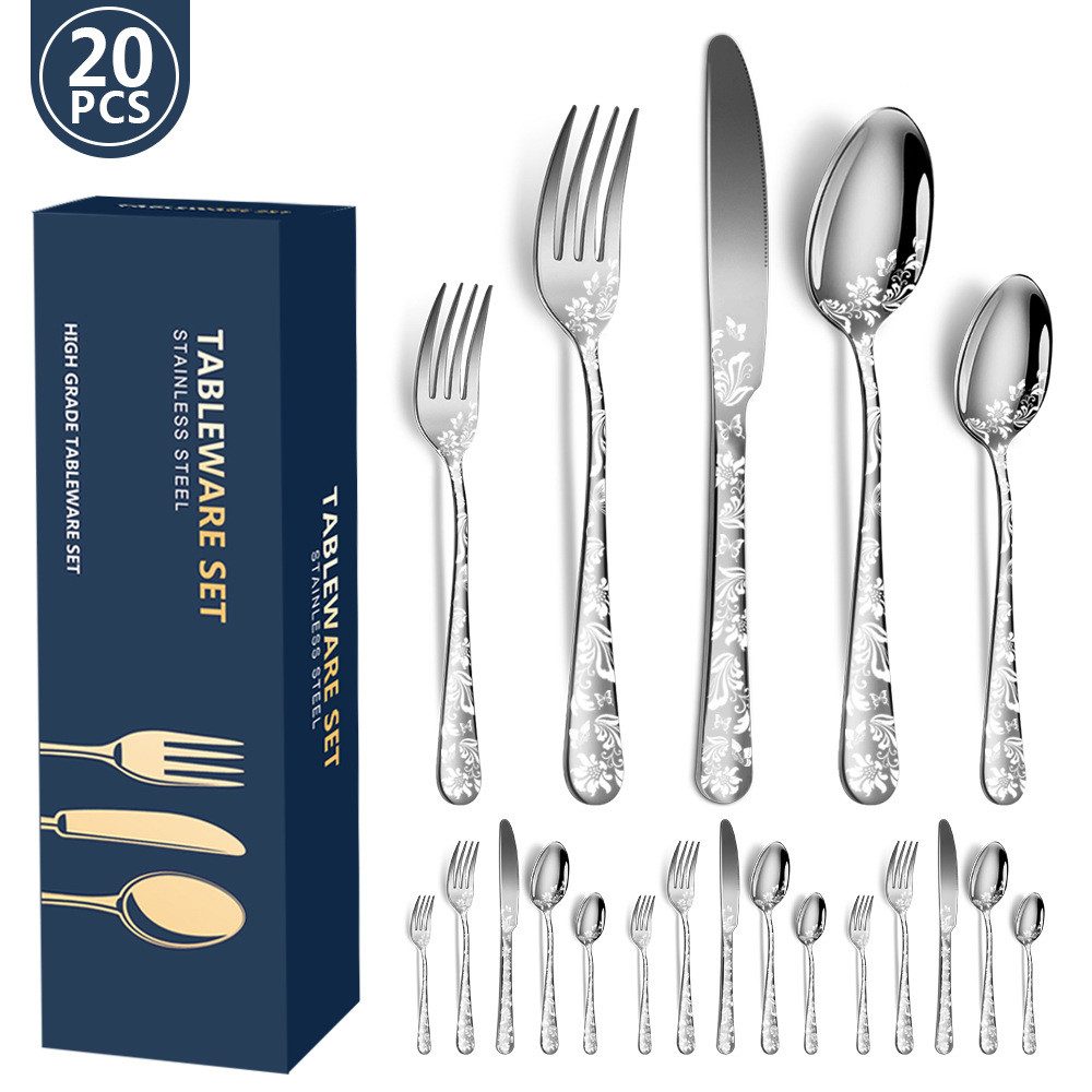 HEYHIPPO Besteck-Set Gemustertes Edelstahlgeschirr, 20-teiliges Set, Western-Steakmesser-, Gabel- und Löffelset, geeignet für Zuhause und Restaurant