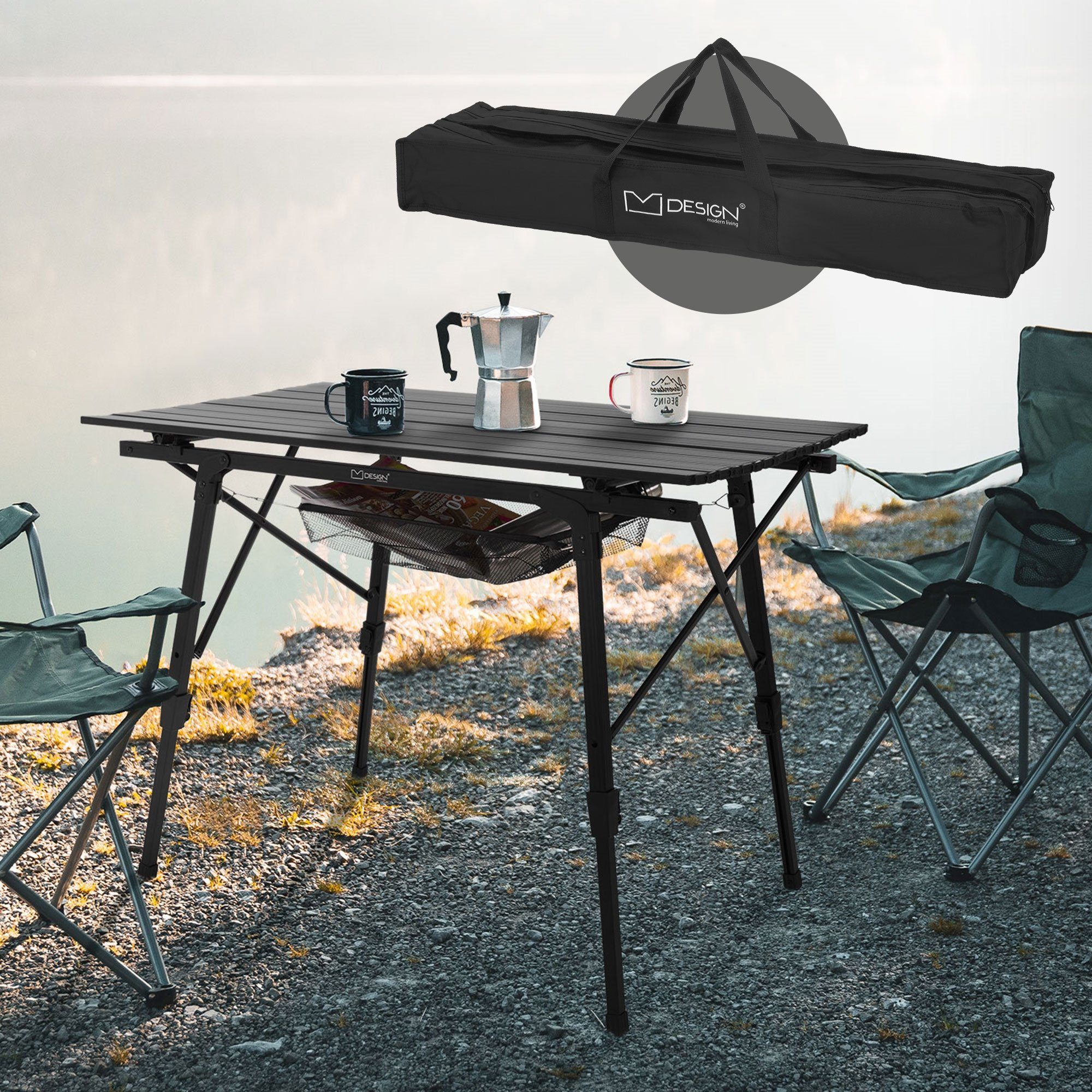 ML-DESIGN Klapptisch Campingtisch Aufrollbare Tischplatte Falttisch  Gartentisch Balkontisch, Schwarz 90x51,5cm Aluminium höhenverstellbar  46-66,5cm bis 30kg