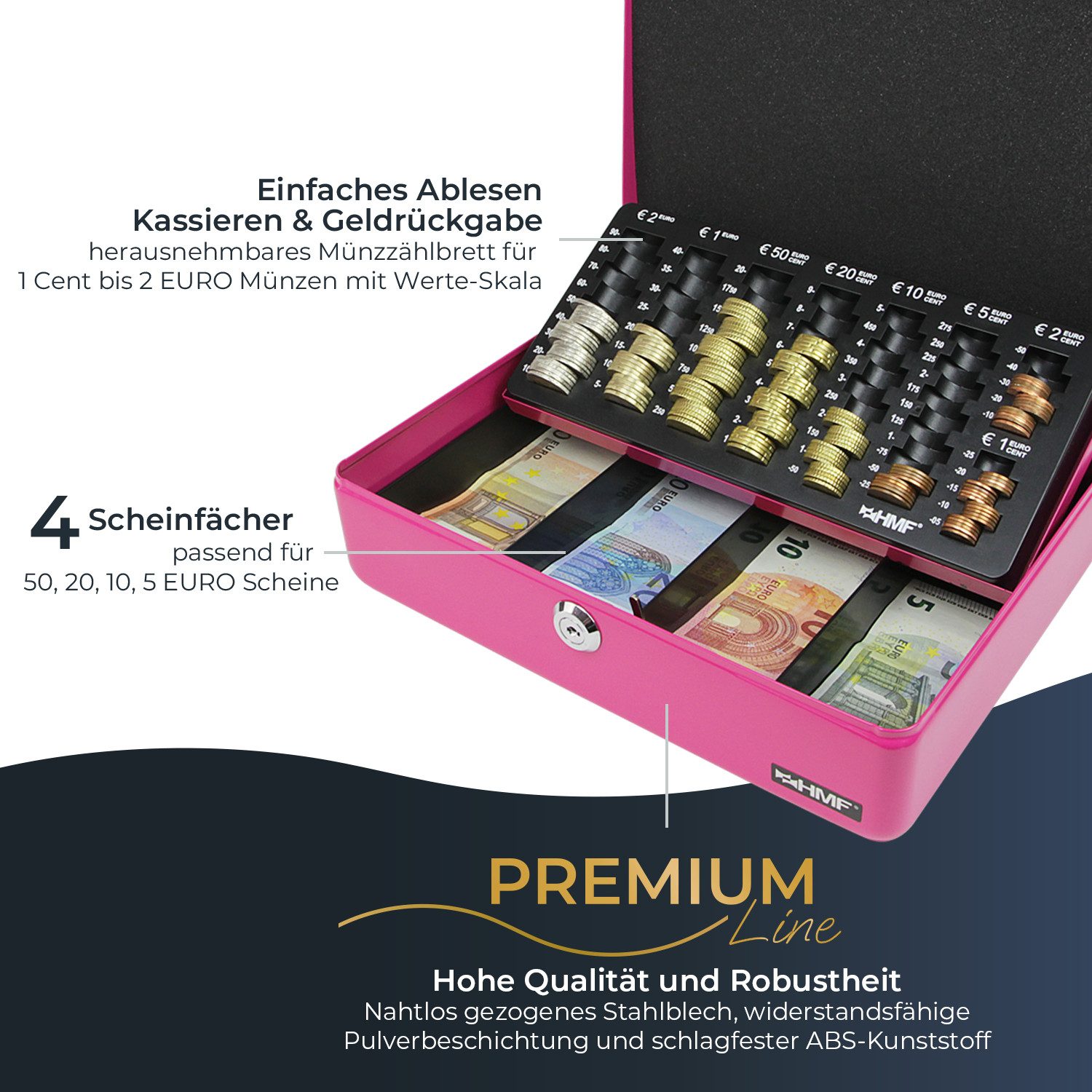 HMF Geldkassette Geldkassette abschließbar Kasse mit EURO-Münzzählbrett 4 Scheinfächer, hochwertige Geldzählkassette mit Schlüssel, 30 x 24 x 9 cm, pink – Bild 2 von 5