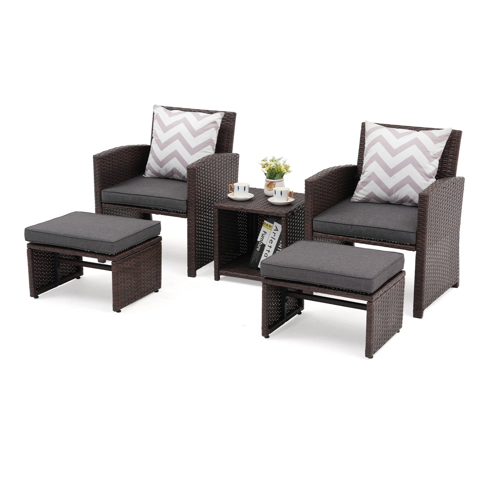 Sunsitt Balkonset 5-tlg Garten Unterhaltung Set, (Balkon Möbel Set mit Kissen, brauner Rattan-Sessel mit Hocker&Couchtisch), für Garten, Hinterhof und Veranda (Dunkelgrau)
