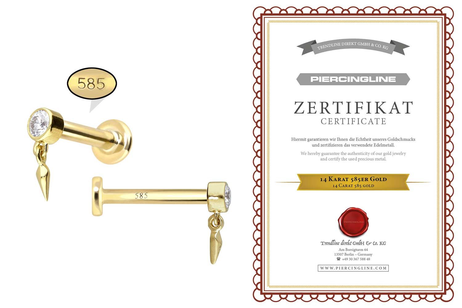 PIERCINGLINE Piercing-Set 14 Karat Gold Labret mit Push Fit MOISSANIT + SPITZE (Labrets, 1-tlg)