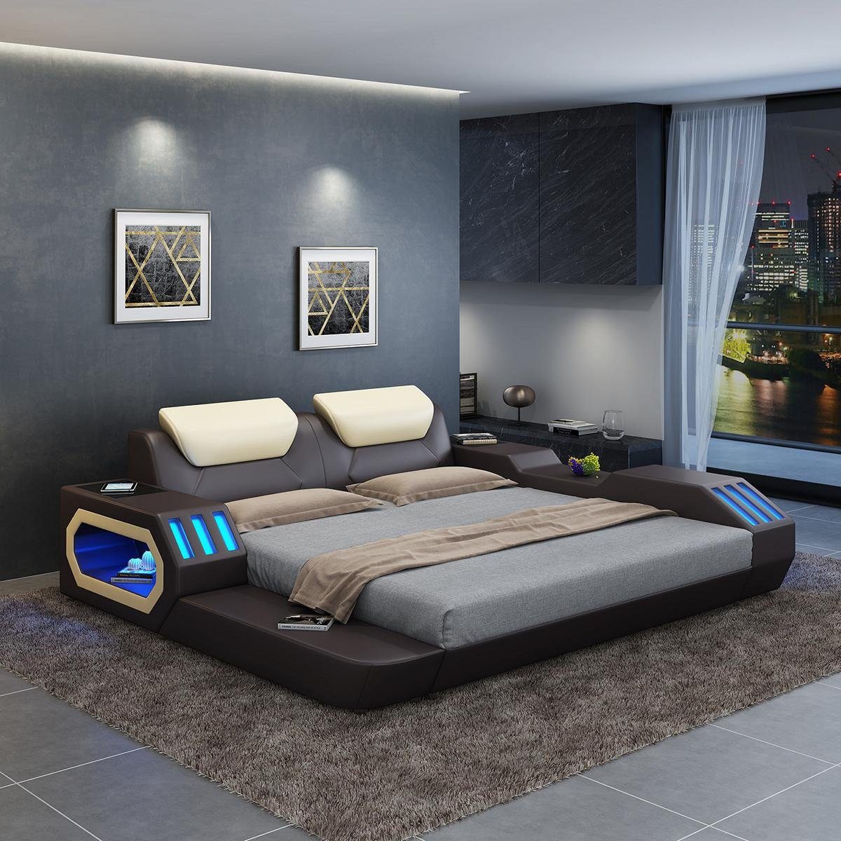JVmoebel Lederbett, Luxus Design Bettgestell Bett Leder USB luxus Doppel  Hotel Polsterbett