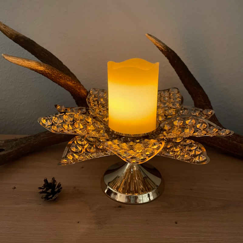 Online-Fuchs Kerzenständer Lotusblüte mit LED Kerze, Kerzenhalter aus Metall und Glaskristallen (in Roségold), LED-Kerze mit Timerfunktion