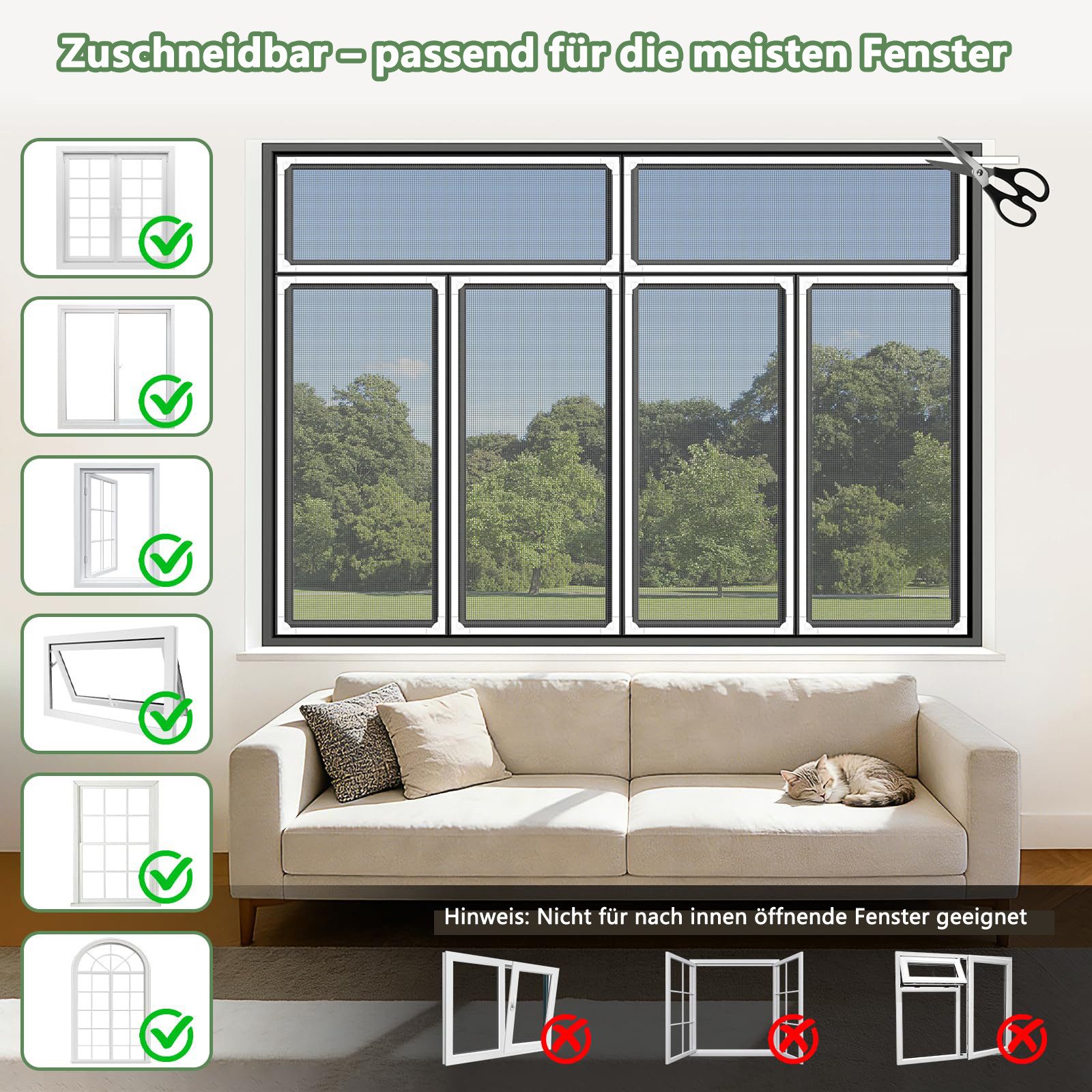 Bwecuy Insektenschutz-Fensterrahmen Magnet Fliegengitter Fenster–Selbstklebend & Zuschneidbar, ohne Bohren, Fiberglas Insektenschutzgitter, Einfache Montage