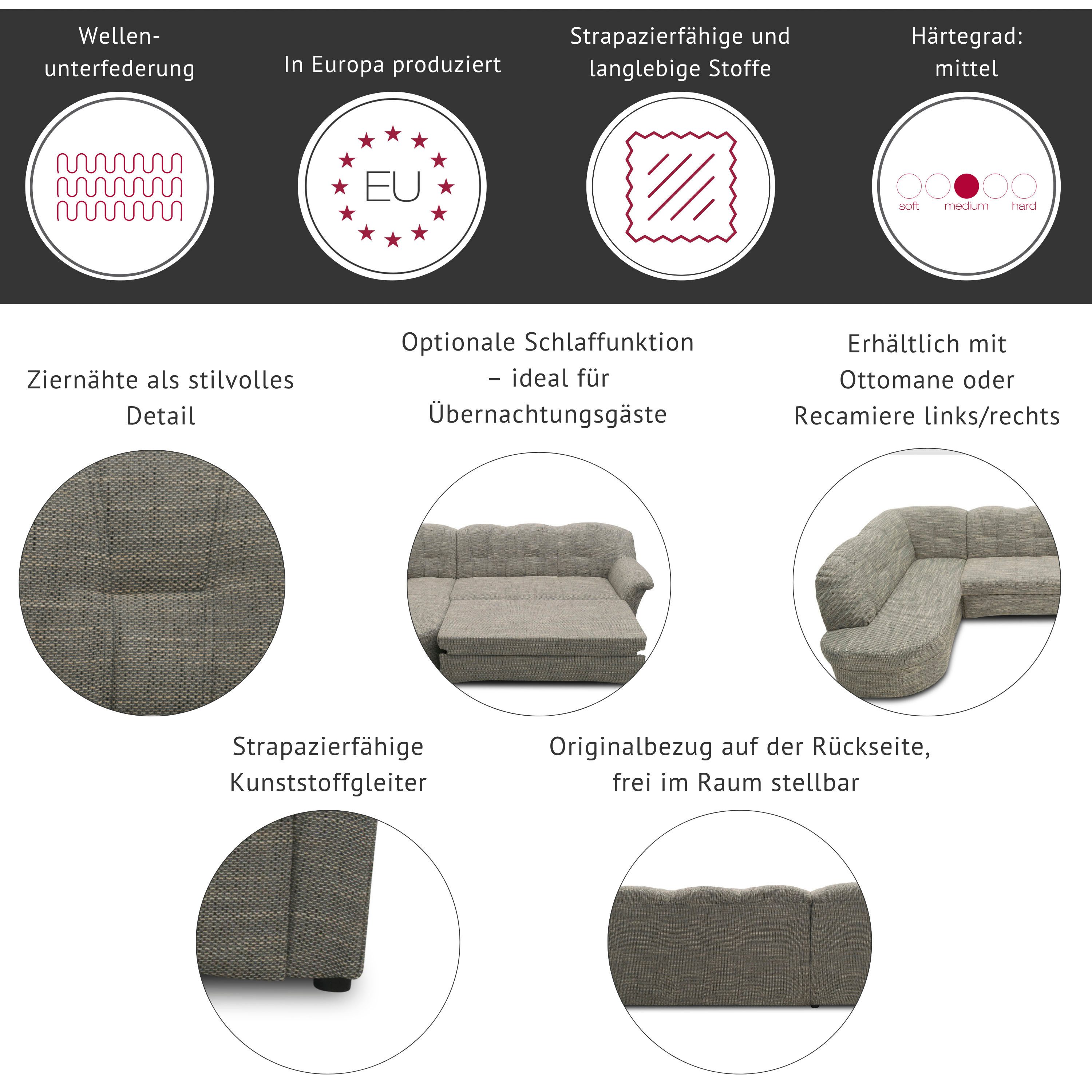 DOMO collection Ecksofa Papenburg, zeitlose Rückensteppung, elegante Formensprache, L-Form, in großer Farbvielfalt, wahlweise mit Bettfunktion