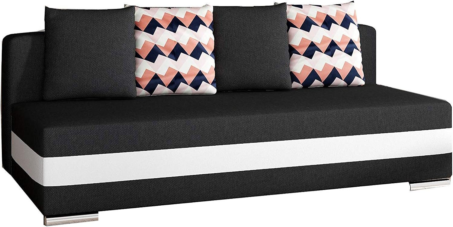 MOEBLO Schlafsofa WALIA, Couch für Wohnzimmer, Schlafsofa Federkern Sofagarnitur Polstersofa Wohnlandschaft, mit Schlaffunktion und Bettkasten Schwarz + Weiß (Sawana 14 + Soft 17 + Zigzag 60)