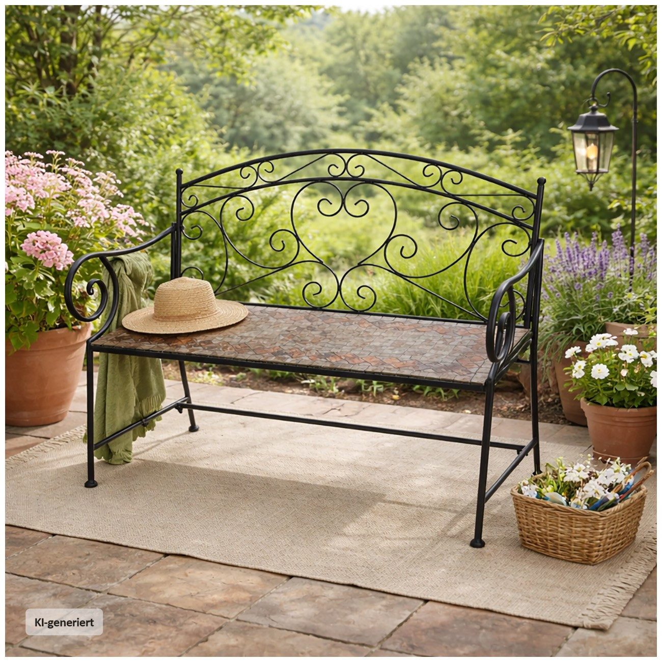 HTI-Living Gartenbank Metall mit Mosaik Sitzfläche Vintage Stil für Terrasse (1 Stück, 1 Gartenbank ohne Dekoration)