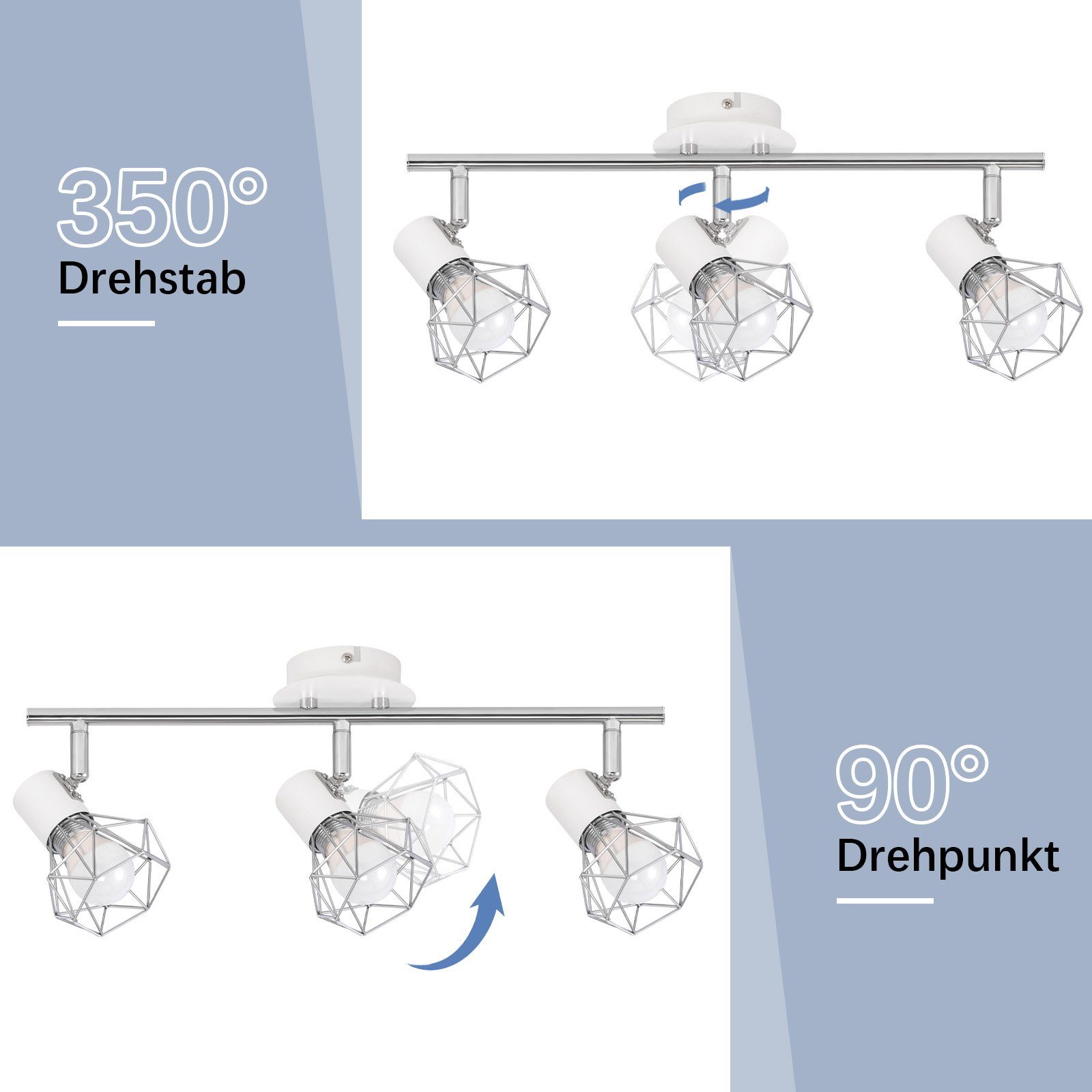 ZMH LED Deckenstrahler 3 Flammig Deckenspots - Weiß/Schwarz Retro Deckenlampe 350°, Einfache Installation, ohne Leuchtmittel, ∅49CM Deckenleuchte für Wohnzimmer Schlafzimmer