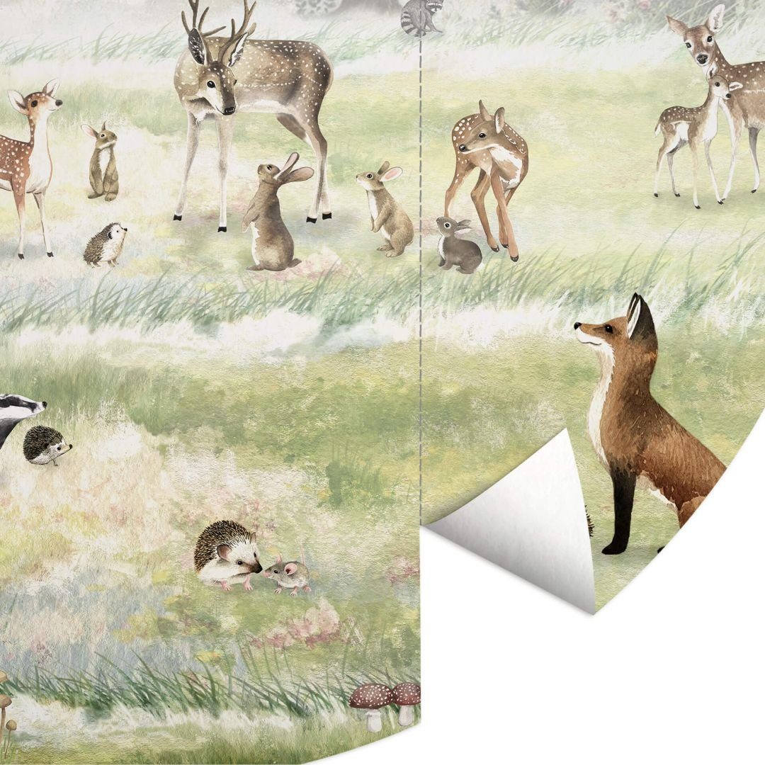 K&L Wall Art Fototapete Fototapete Baby Kinderzimmer Wald Freunde Bär Hirsch Vliestapete rund, große Kinder Motivtapete