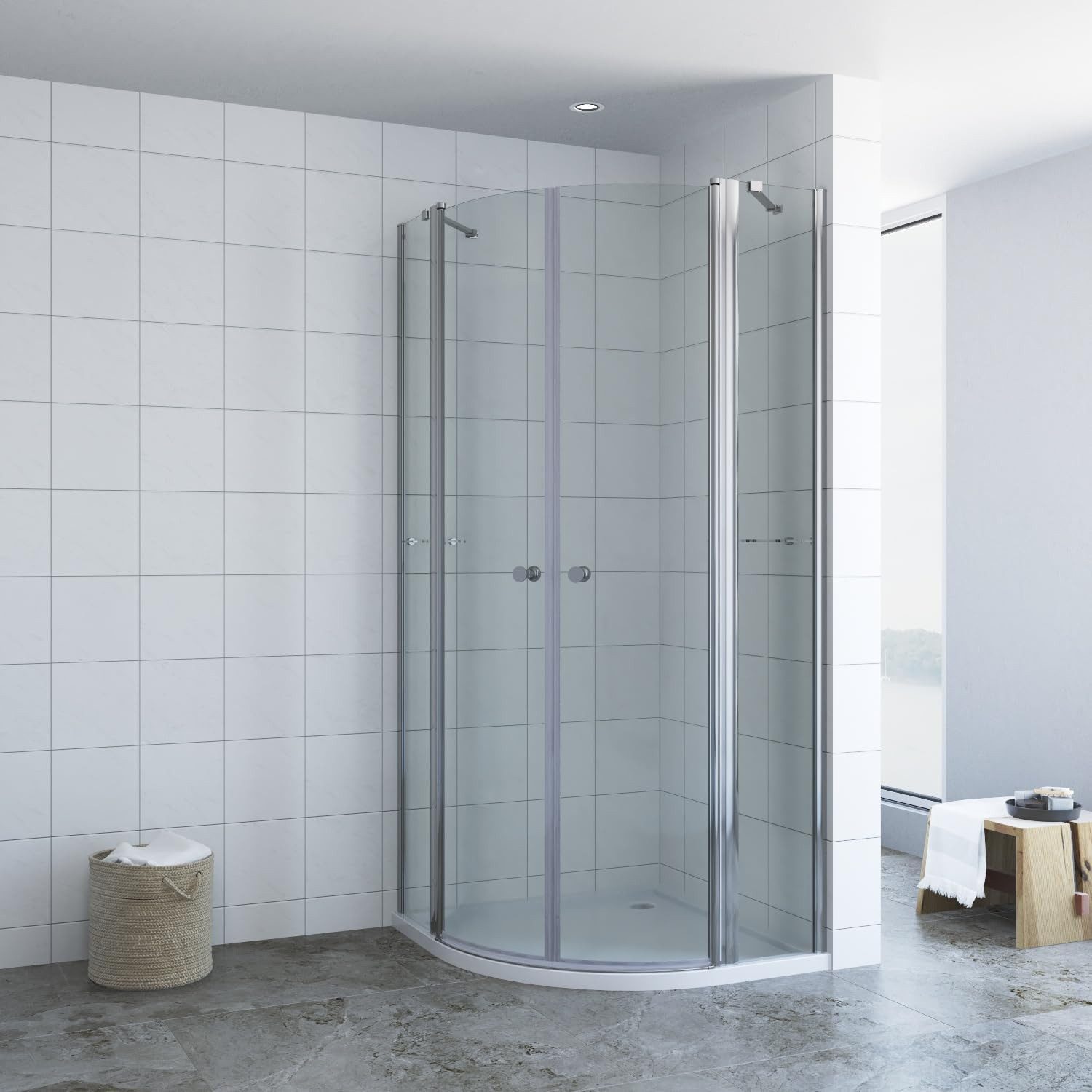 AQUALAVOS Runddusche Duschkabine Viertelkreis Runddusche mit Duschtüren und Acryl-Eckregale, BxT: 90x90 cm, 6 mm Einscheiben-Sicherheitsglas mit Nano, Höhe 195cm, Heb-/Senk-Funktion, Montage auf Duschwanne oder auf Boden