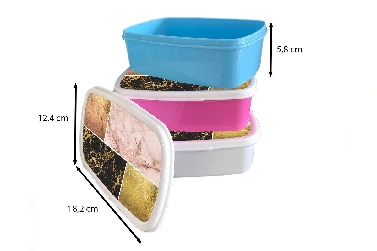 MuchoWow Lunchbox - (2-tlg), Brotbox Erwachsene, für Marmor Snackbox, Rosa - Gold, Kinder, Kunststoff Kunststoff, Mädchen, Brotdose