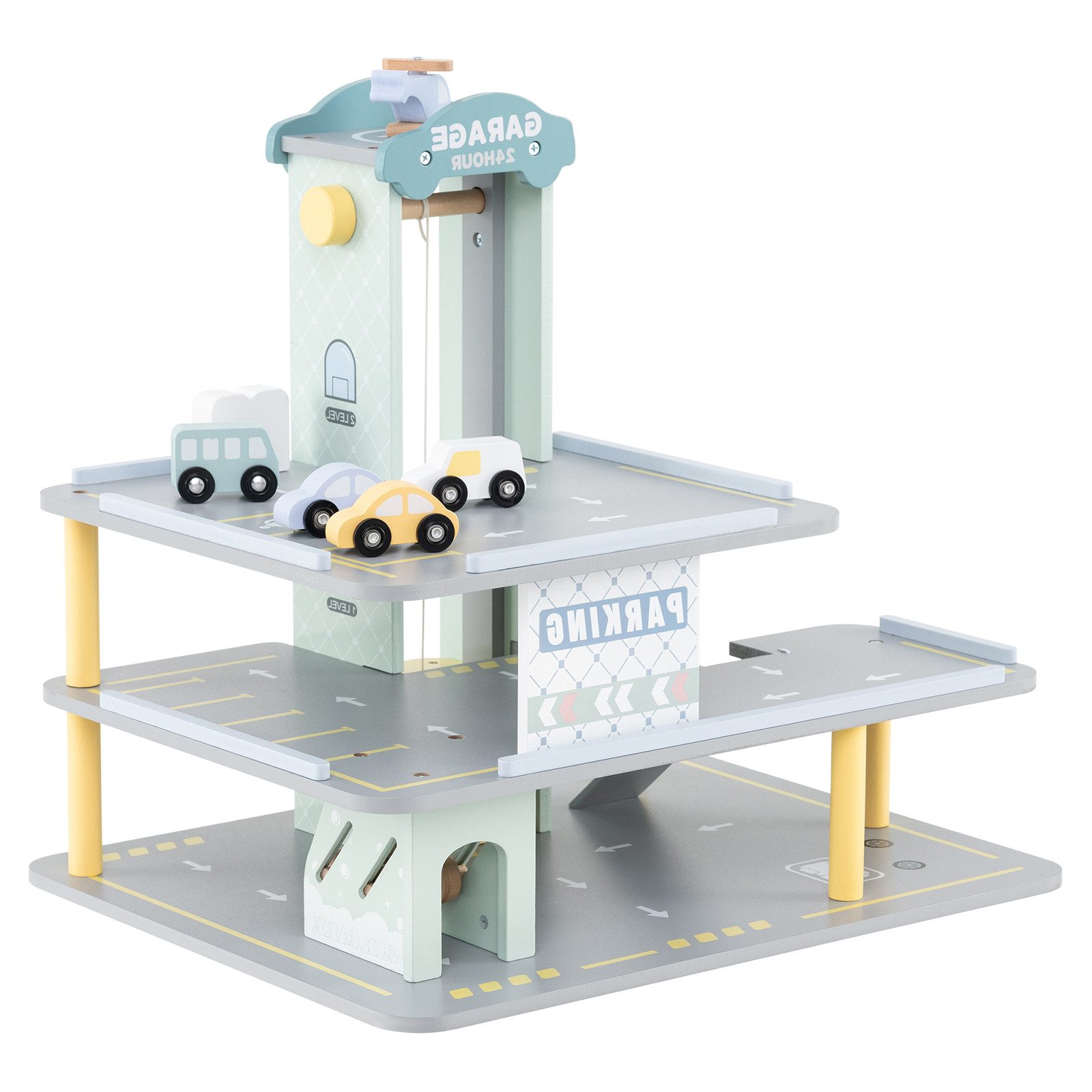 KOMFOTTEU Spiel-Parkgarage, 3-stöckiges Garage-Spielset, mit Aufzug
