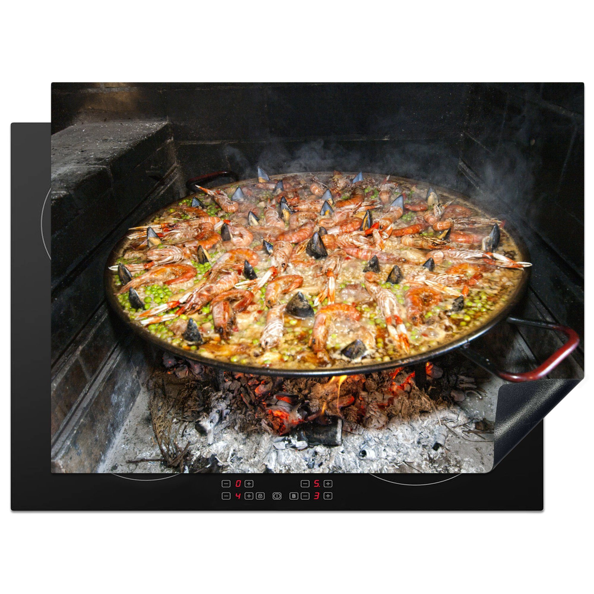 MuchoWow Herdblende-/Abdeckplatte Im Feuer gekochter Reis mit Meeresfrüchten. Paella ist eines der, Vinyl, (1 tlg), 70x52 cm, Mobile Arbeitsfläche nutzbar, Ceranfeldabdeckung | Herdabdeckplatten