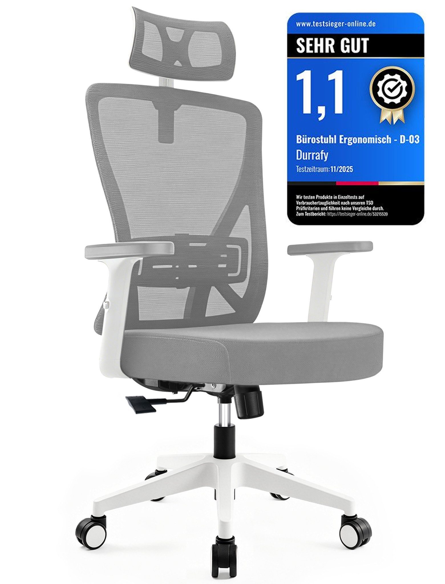 Durrafy Bürostuhl 200kg Ergonomischer Bürostuhl-Verstellbare Lordosenstütze (Verstellbare Lendenwirbelstutze + Kopfstutze + hohenverstelbare Armlehnen),bis zu 130° neigbar, atmungsaktives Netzgewebe, Drehstuhl),bis zu 130° neigbar, atmungsaktives Netzgewe