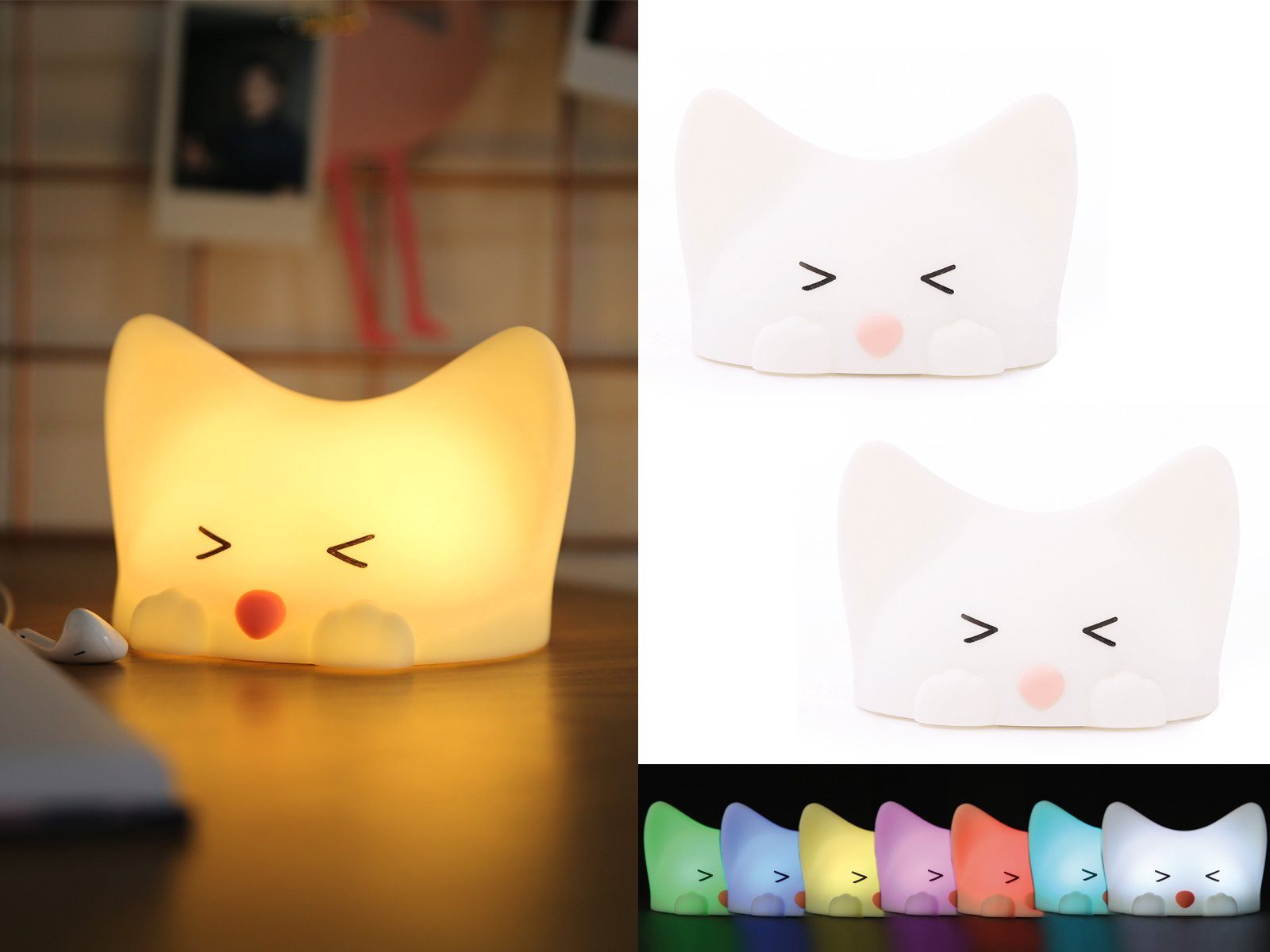 meineWunschleuchte LED Nachtlicht, USB-Ladefunktion, LED fest integriert, 2er Set Kinderzimmerleuchten USB aufladbar, Stilllicht dimmbar Katze