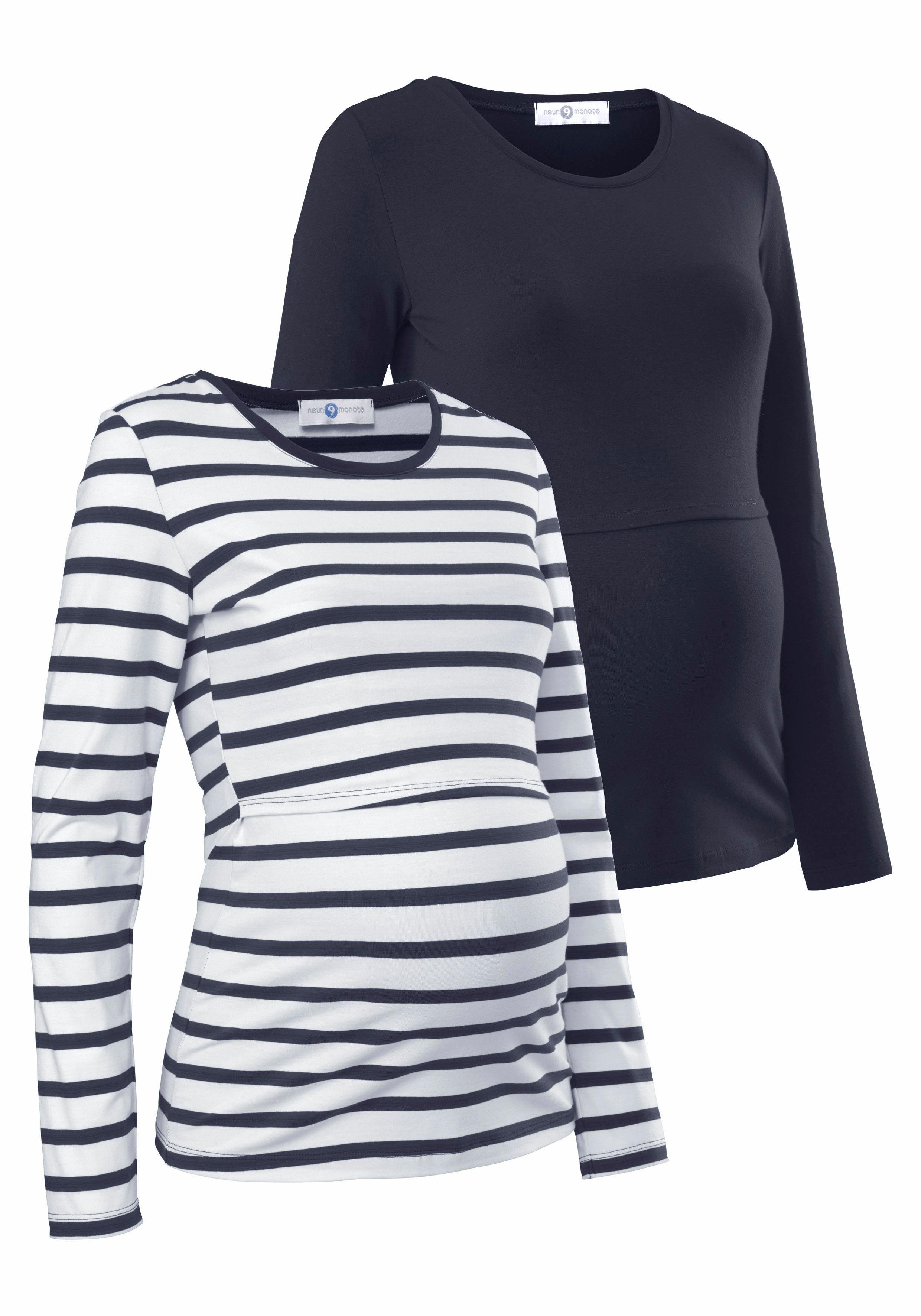 Neun Monate Umstandsshirt, 2er Pack Shirts für Schwangerschaft und Stillzeit (Packung, 2-tlg., 2) Langarm, figurbetont, unifarben oder geringelt