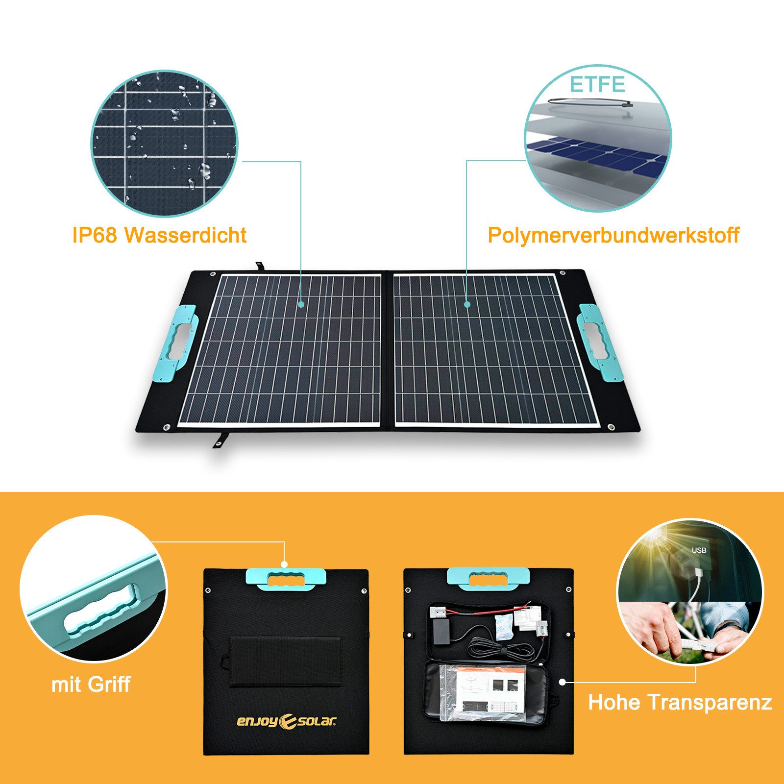 enjoy solar Solarmodul Faltbar Faltbares Solarpanel Solartasche 100W-200W, 12V/400W, 31.9V, Monokristallin, Design für Unterwegs, hohe Schutzleistung