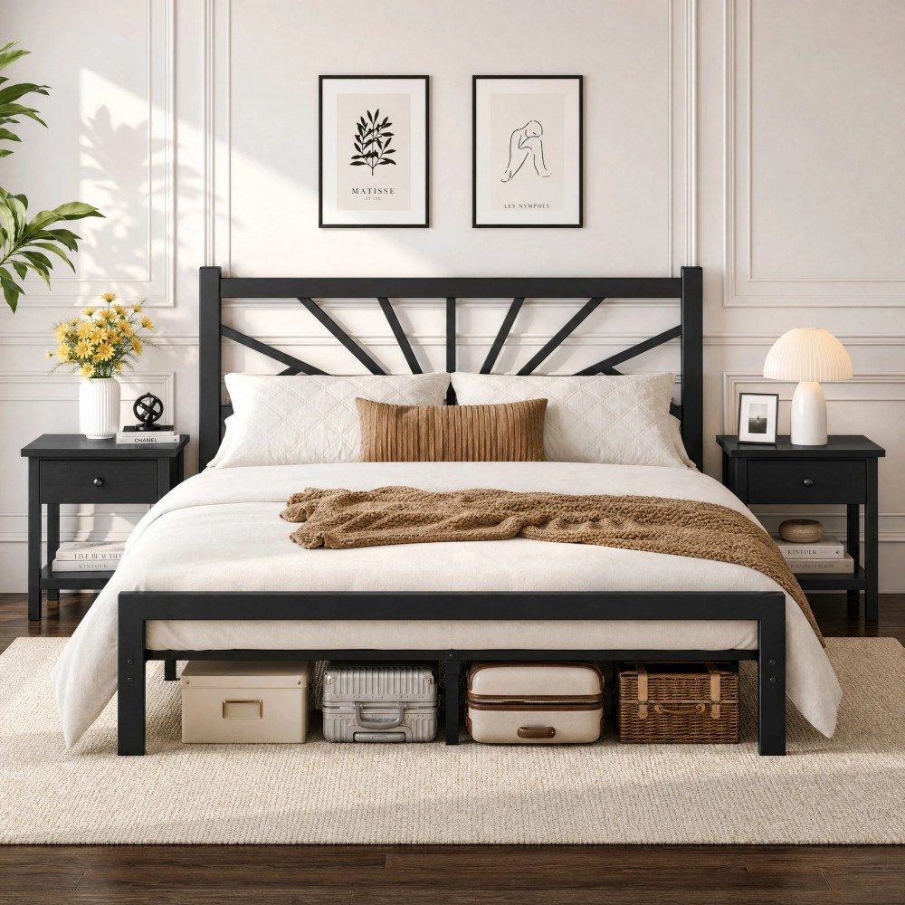 Klyvvo Metallbett mit Lattenrost, 32 cm hohem Stauraum und 500 kg Belastbarkeit (1-tlg., mit 96 cm Kopfteil, Geräuschfrei, Einfache Montage), für Schlafzimmer, Gästezimmer, 90x200 cm, schwarz