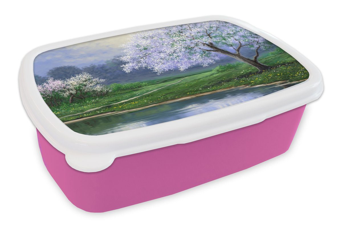 MuchoWow Lunchbox Malerei - Baum - Blüte - Natur - Wasser, Kunststoff, (2-tlg), Brotbox für Erwachsene, Brotdose Kinder, Snackbox, Mädchen, Kunststoff rosa