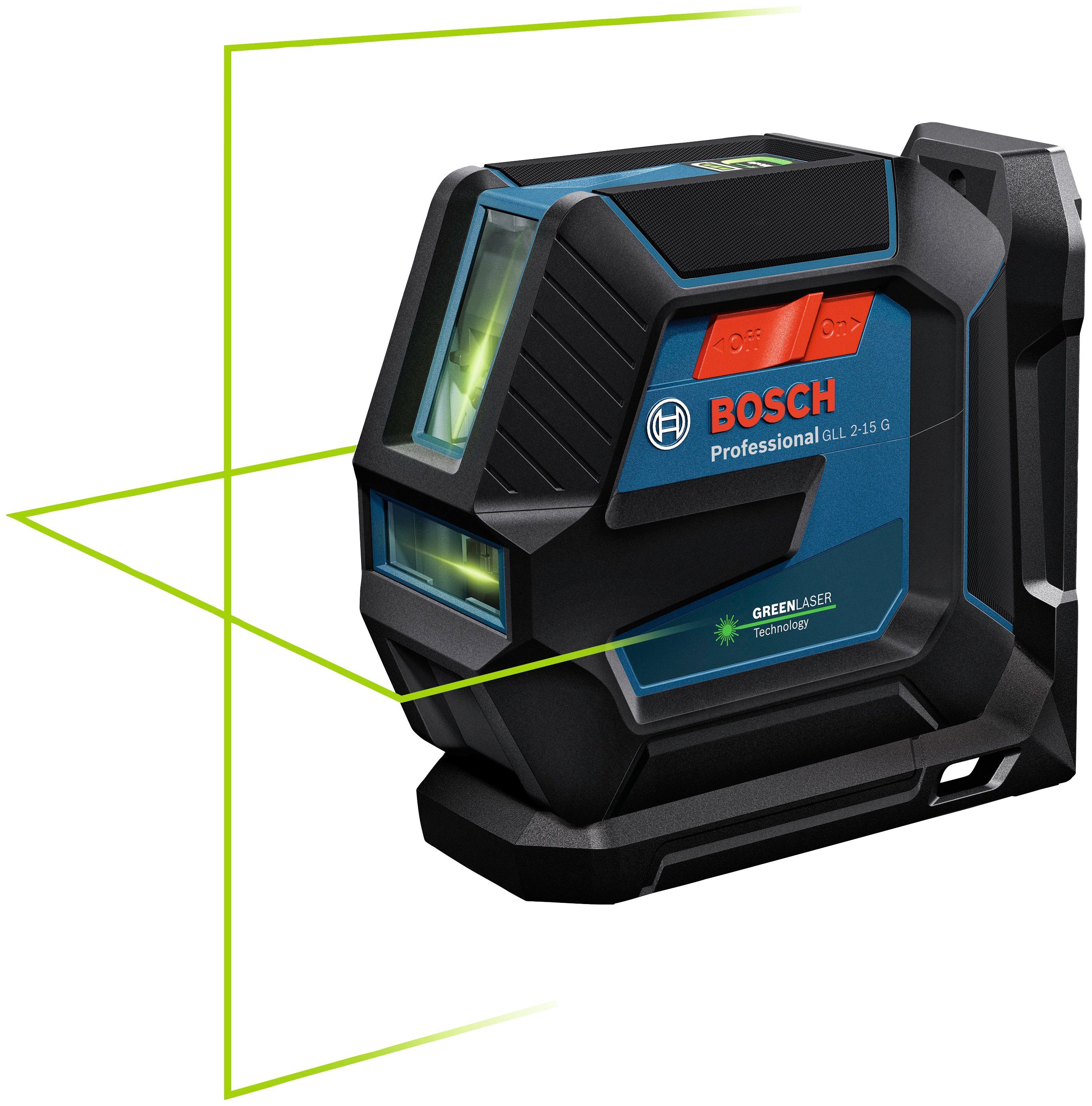 Bosch Professional Linienlaser GLL 2-15 G Professional Baustativ-Set, (Set), Staub- und Spritzwasserschutz IP64