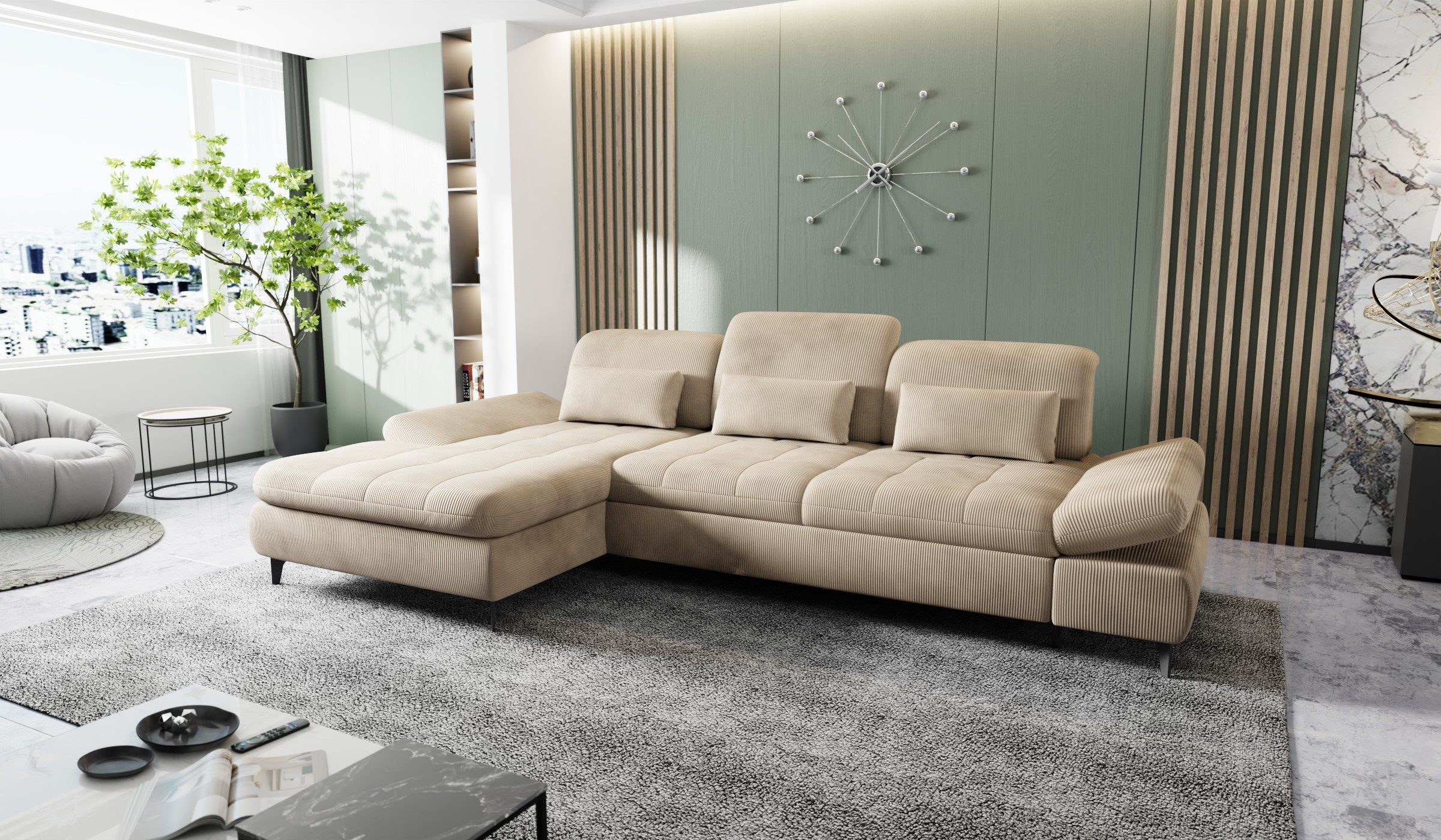 Hygger Möbelhaus Ecksofa „Nola“ L-Form mit Bettfunktion & Stauraum, modern & gemütlich, Inklusive Sitztiefenverstellung, Kopfteil- & Armteilverstellung, 3 Nierenkissen. Versandkostenfrei innerhalb Deutschlands