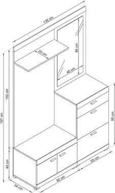 MOEBLO Kompaktgarderobe MIRELLA (Regal Möbel Diele & Flur Kleiderschrank, Schuhschrank, mit Spiegel, Garderobe Flurgarderobe Schrank Kompaktgarderobe Dielenschrank)