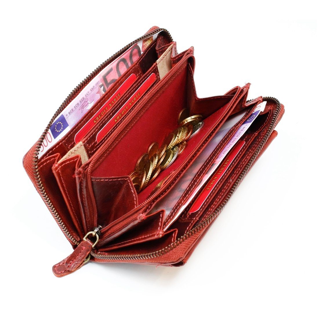 Reißverschluss, Brieftasche«, SHG Münzfach, Börse Portmonee Damen Leder Schutz RFID Portemonnaie, Kreditkartenfächer, Geldbeutel Geldbörse