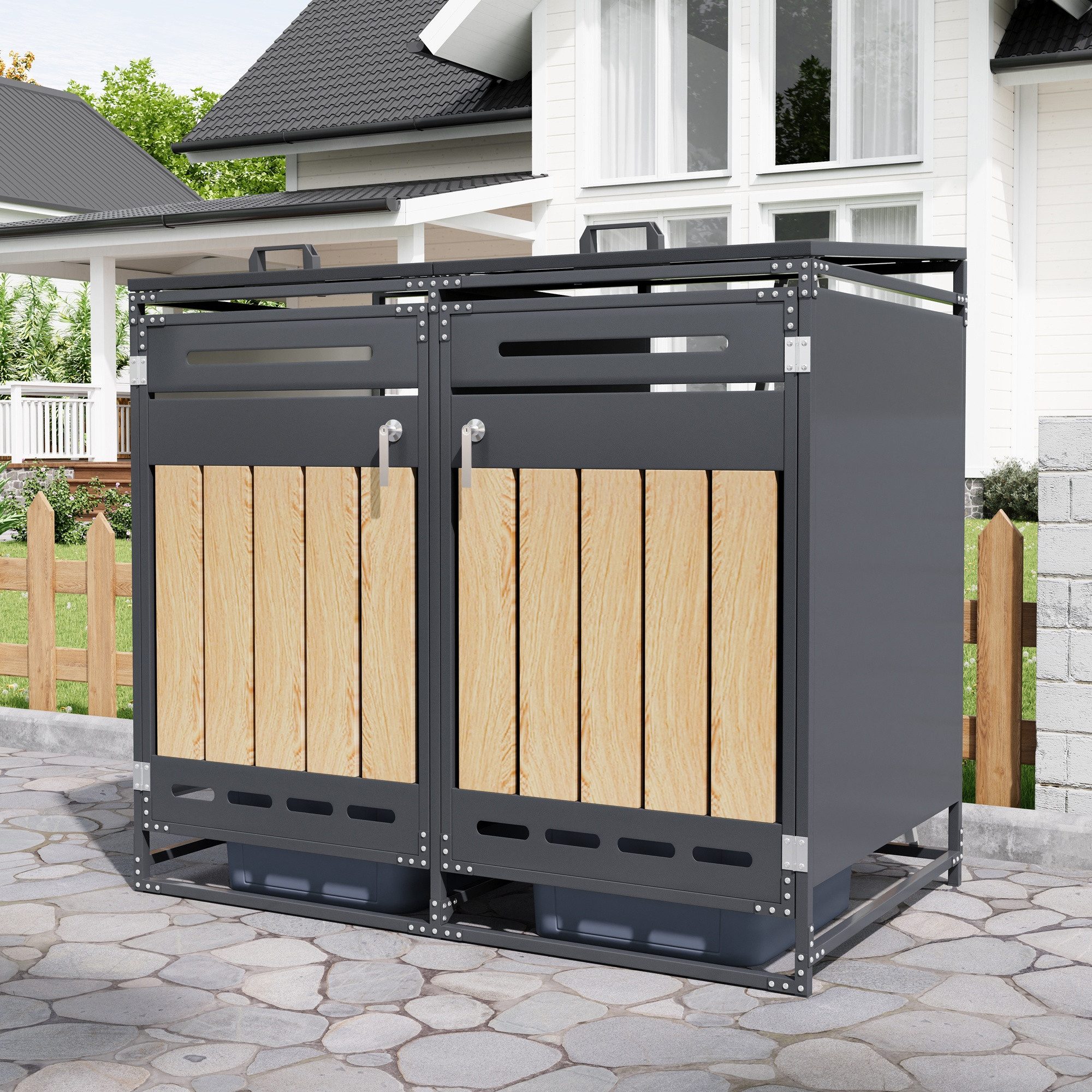 CHICFURN Mülltonnenbox mit hydraulischem Deckel & vertikaler Holzoptik (Set, 2 St., Langloch-Belüftung, abschließbar, aus Eisen), Eiserner Aufbewahrungsschrank für Garten, ohne Mülltonne