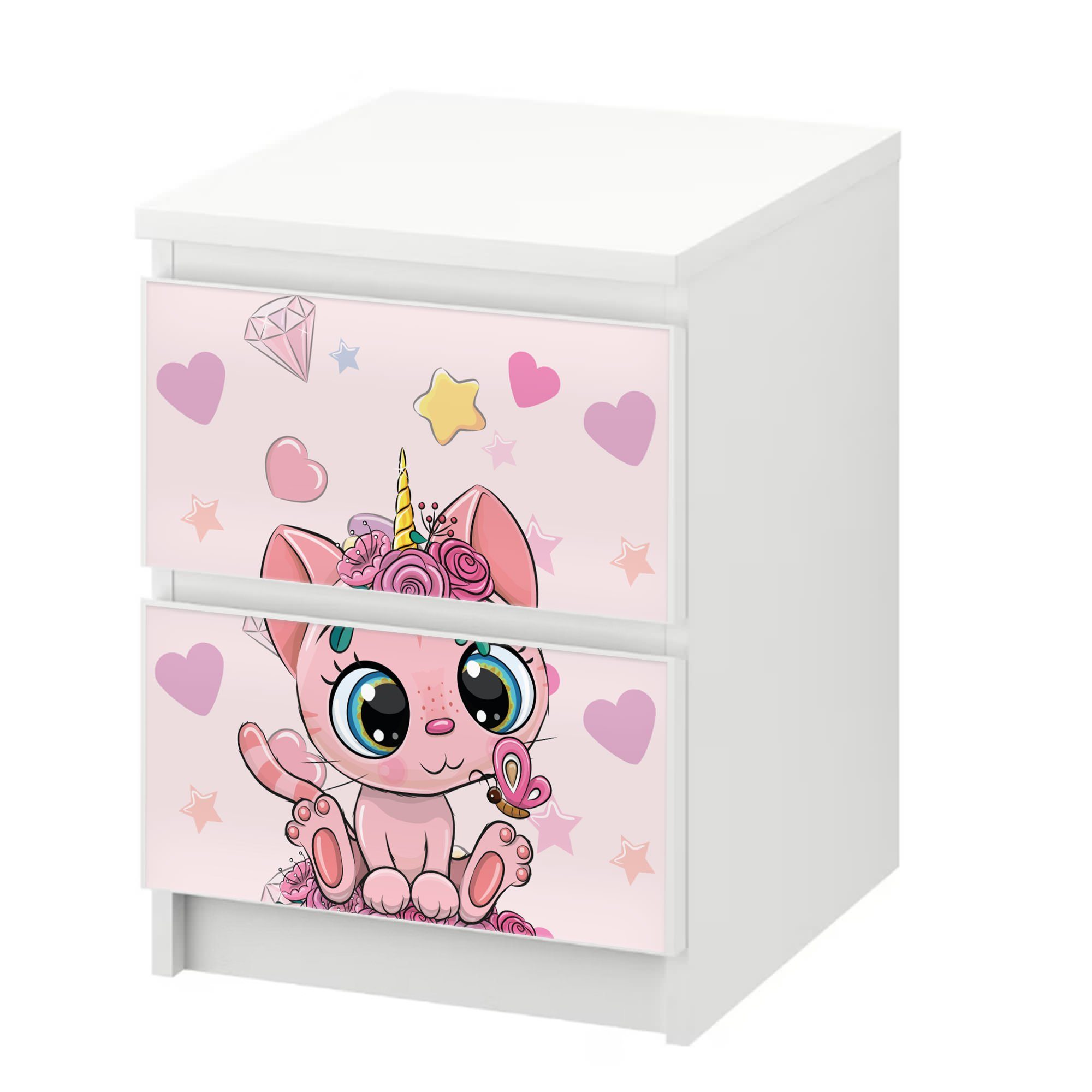 Sunnywall Möbelfolie passend für IKEA Malm Kommode Schrankfolie Aufkleber Unicorn Cat Motiv, blasenfreie selbstklebende Folie (SCHRANK NICHT INKLUSIVE)
