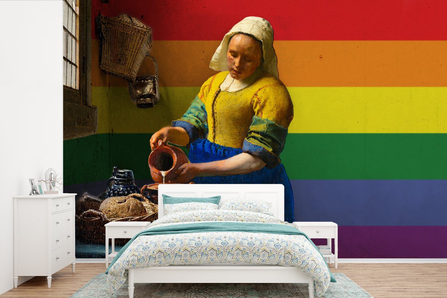 MuchoWow Fototapete Milchmädchen - Vermeer - Stolz, Matt, bedruckt, (6 St), Wallpaper für Wohnzimmer, Schlafzimmer, Kinderzimmer, Vinyl Tapete
