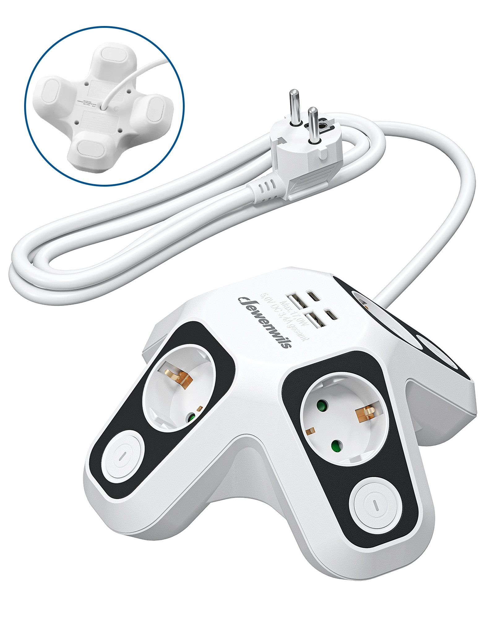 DEWENWILS Mehrfachsteckdose 4-fach (Überspannungsschutz & Kindersicherung, Kabellänge 2 m), Einzeln Schaltbar