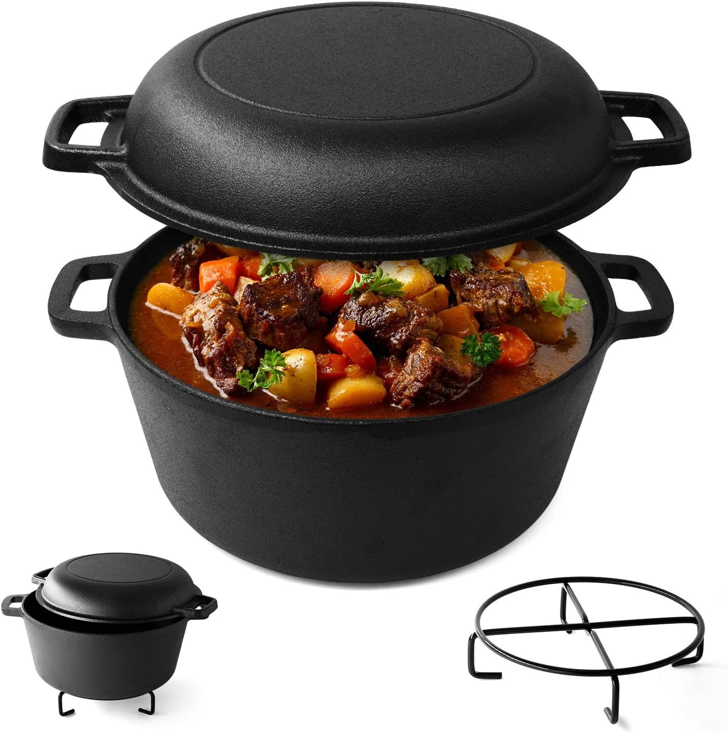 PFCTART Grilltopf Gusseisen Brotbacktopf mit Deckel – Dutch Oven 2-in-1, Gusseisen (Set, 1-tlg., Zum Brotbacken, Braten & Schmoren – inkl. Zubehör Set), Für Backofen, Grill & Induktion geeignet – bis 450 °C hitzebeständig