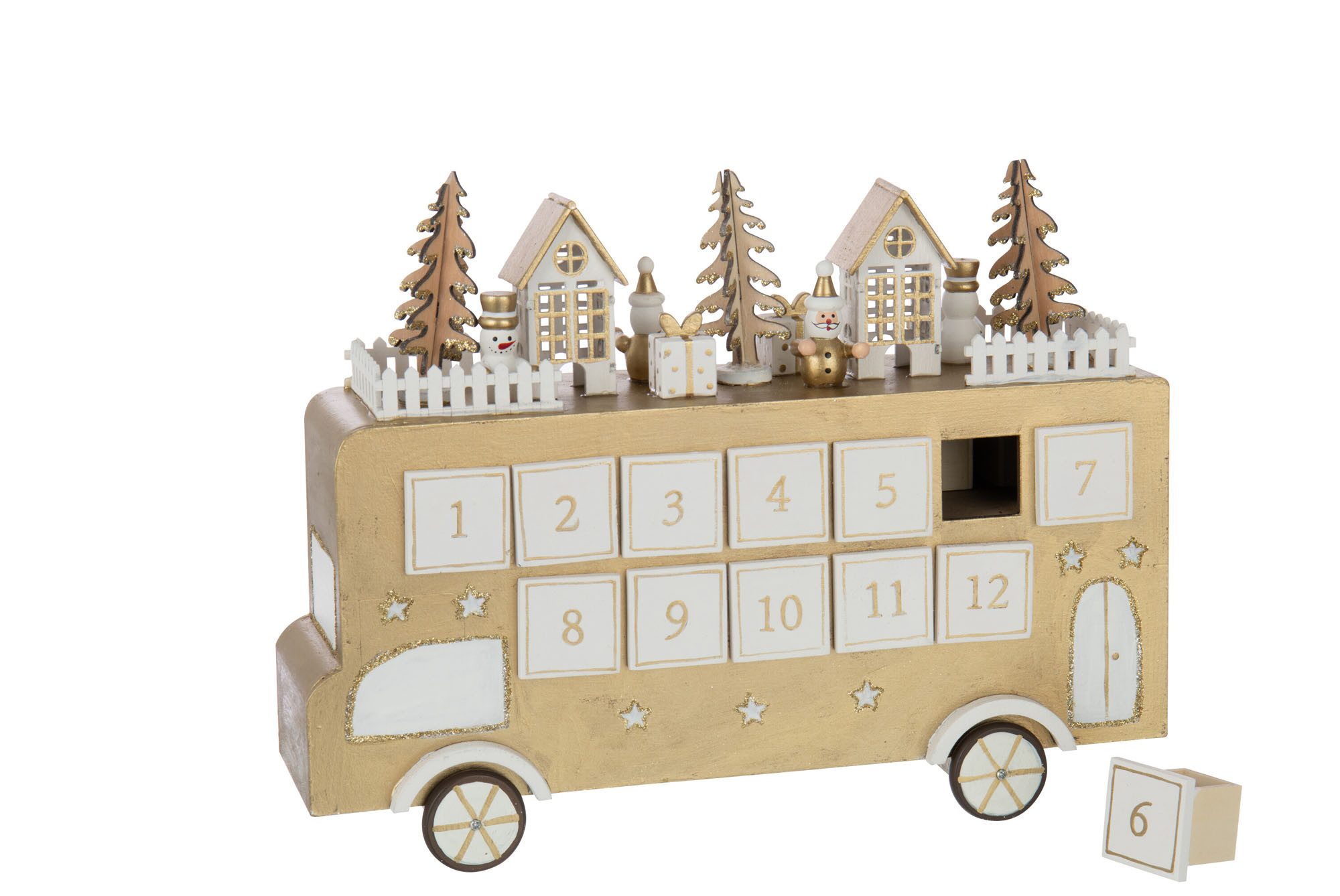J-line befüllbarer Adventskalender Adventskalender Holz Tannenbaum natur/weiß 24 Häuschen, Kalender mit 24 Türchen aus Holz für Fensterbank