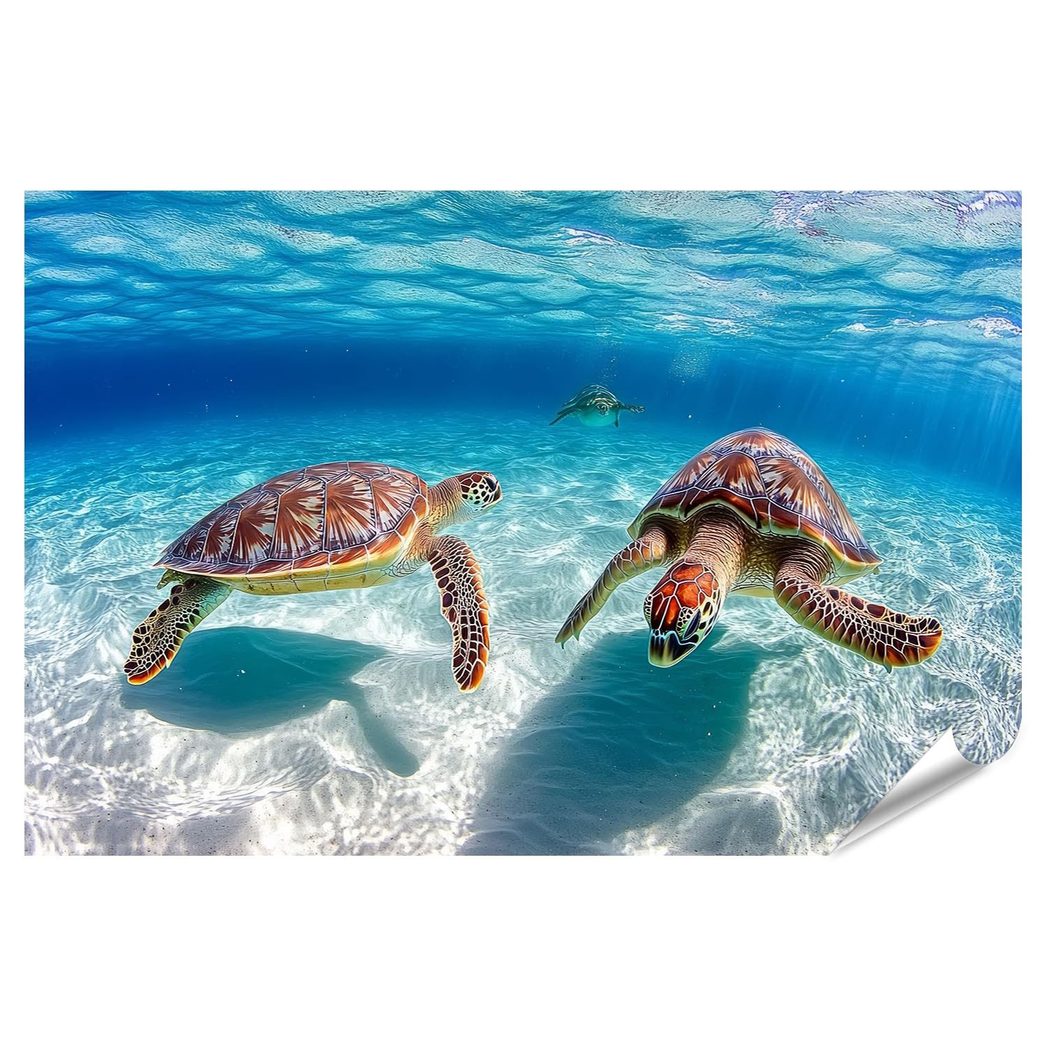 islandburner Poster Zwei Meeresschildkröten unter klarem blauem Wasser für Badezimmer