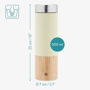 Navaris Thermoflasche Edelstahl & Holz Teeflasche mit Sieb - 500ml - auslaufsicher - Weiß