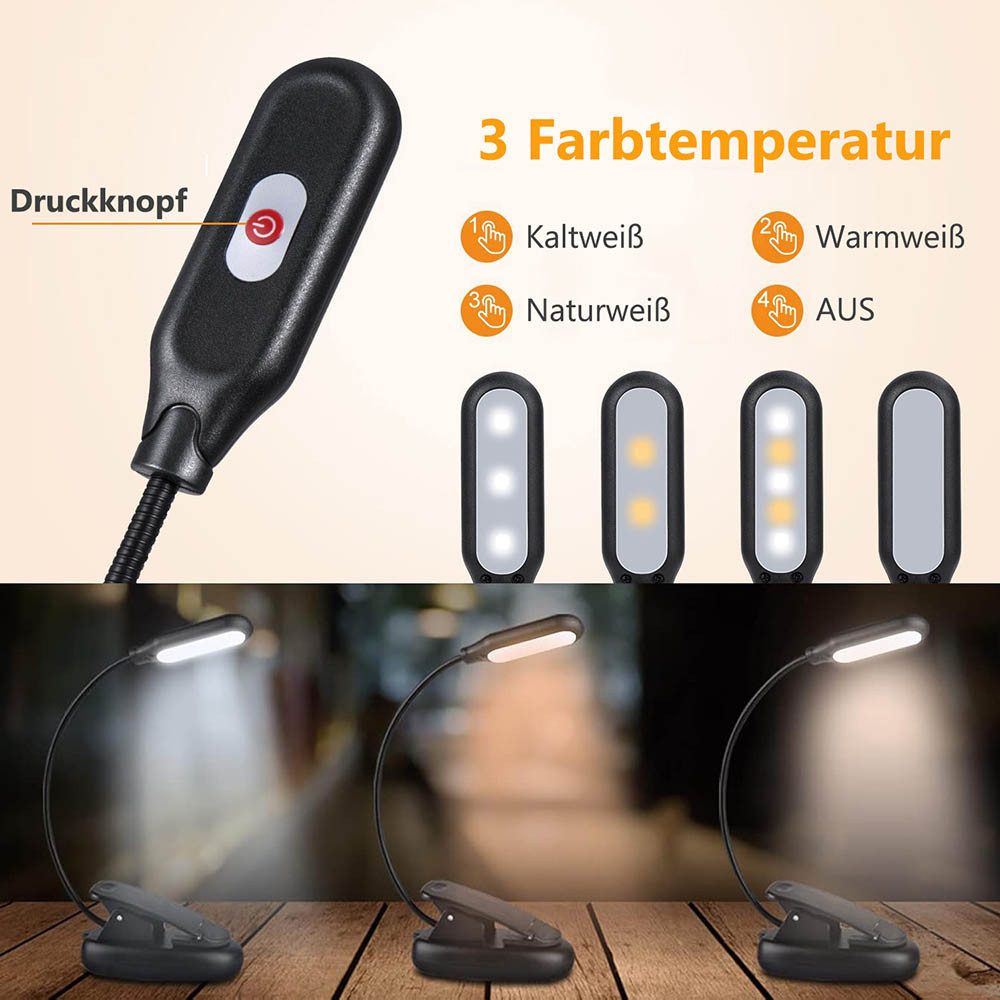 MUPOO LED Klemmleuchte Tragbare LED Leselampe mit Clip & USB – 3 Farben, US günstig online kaufen