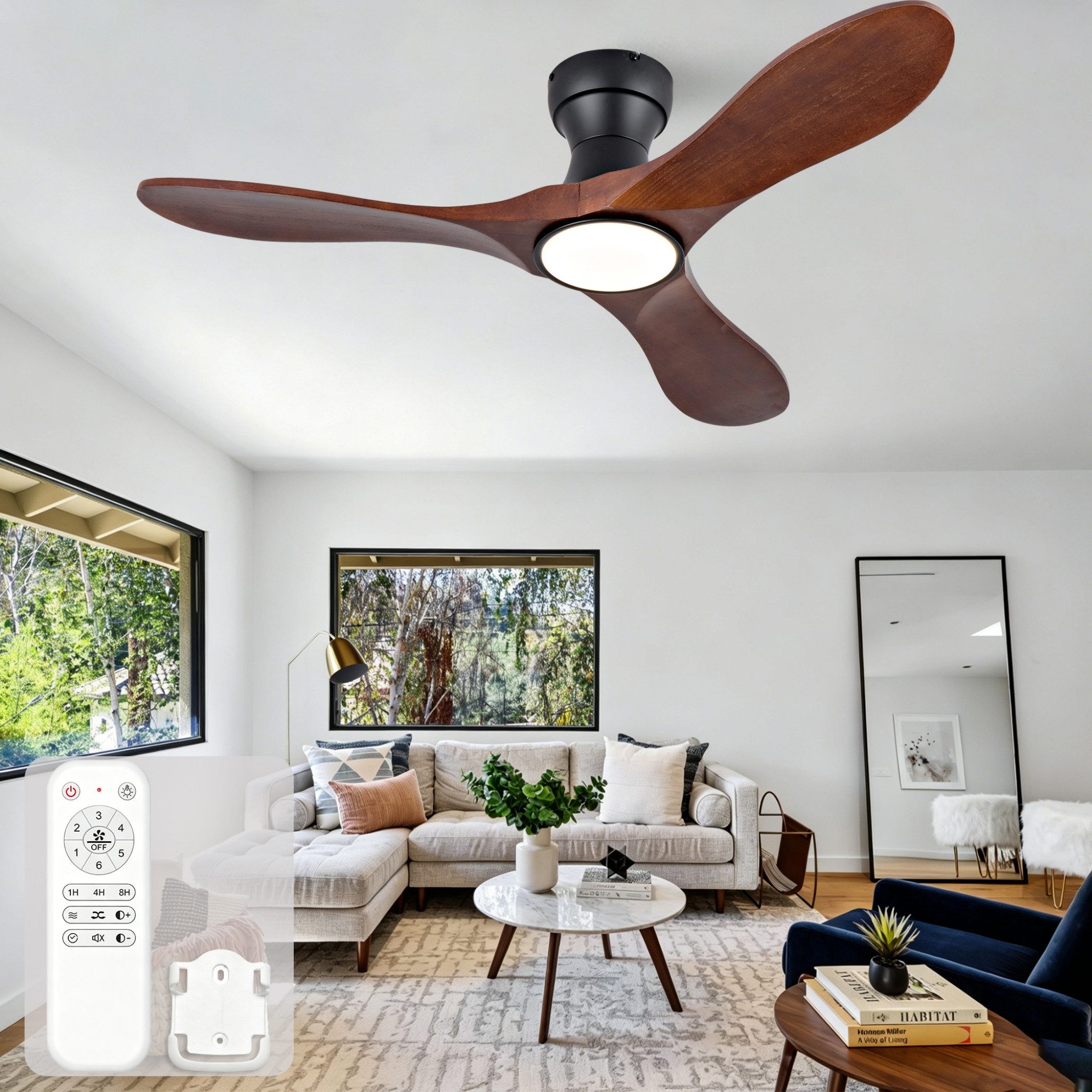 Blossom Deckenventilator 42-Zoll-Deckenventilator mit Beleuchtung, Massivholzflügeln, 3CCT, Fernbedienung, 6 Geschwindigkeiten, Sommer-Winter, für Wohnzimmer