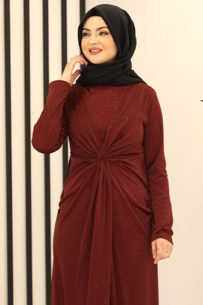 Abendkleid Maxikleid langärmliges Damen Abaya Modest Modavitrini silbriger Hijab glänzender Fashion Kleid Bordeauxrot Abiye Stoff
