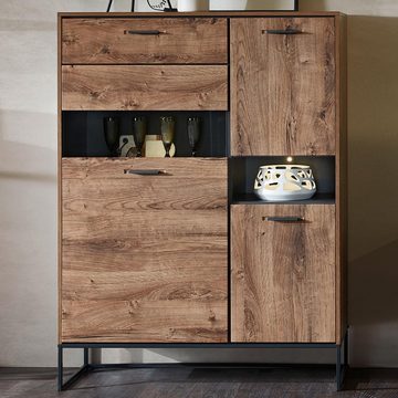 Lomadox Highboard MINNEAPOLIS-55, Haveleiche Cognac mit graphit inkl. LED-Beleuchtung ca 110/148/38 cm