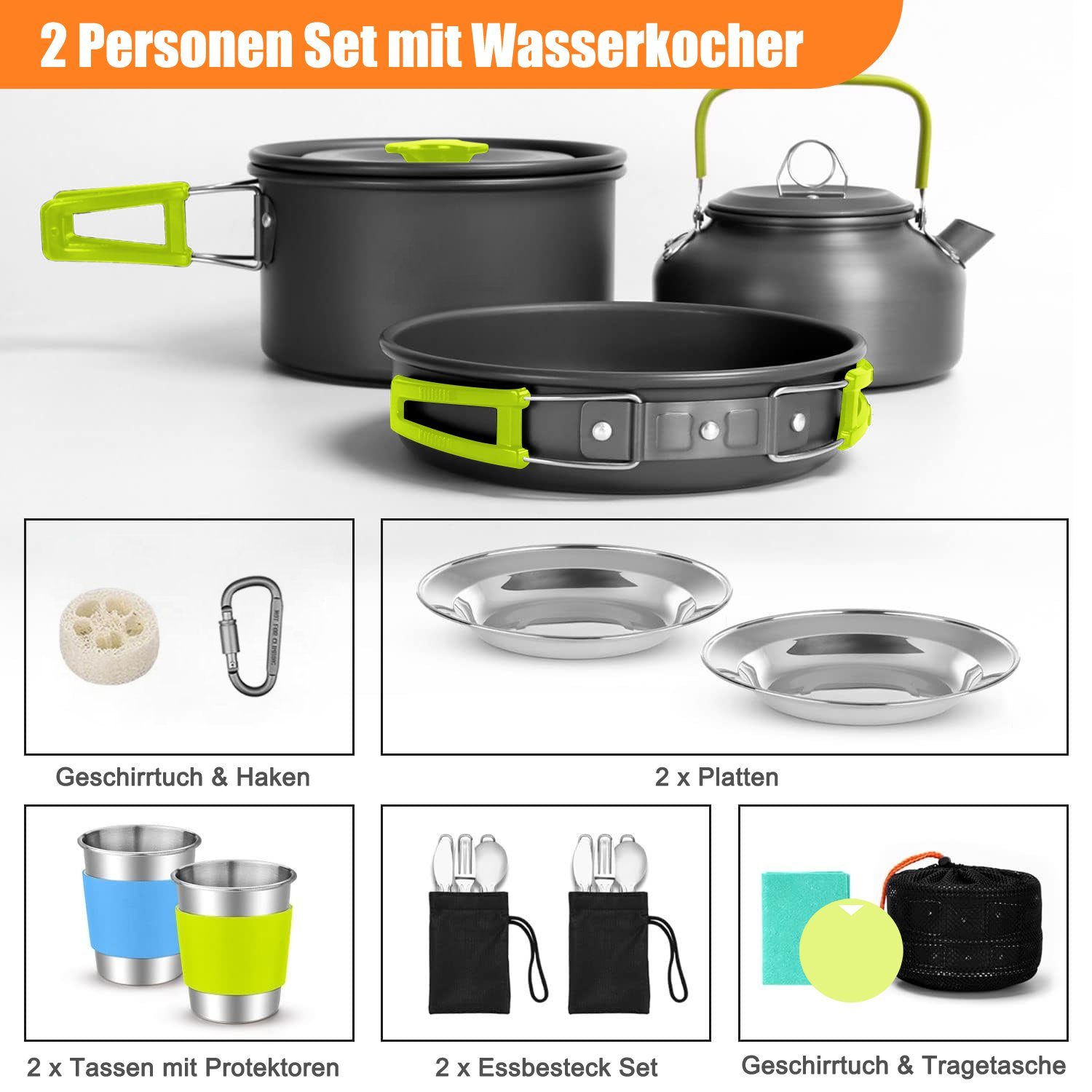 OSTWOLKE Geschirr-Set Camping Kochgeschirr Set Outdoor Geschirr Set Kochtopf Picknick Topf, 2 Personen, Aluminium, mit Teekanne