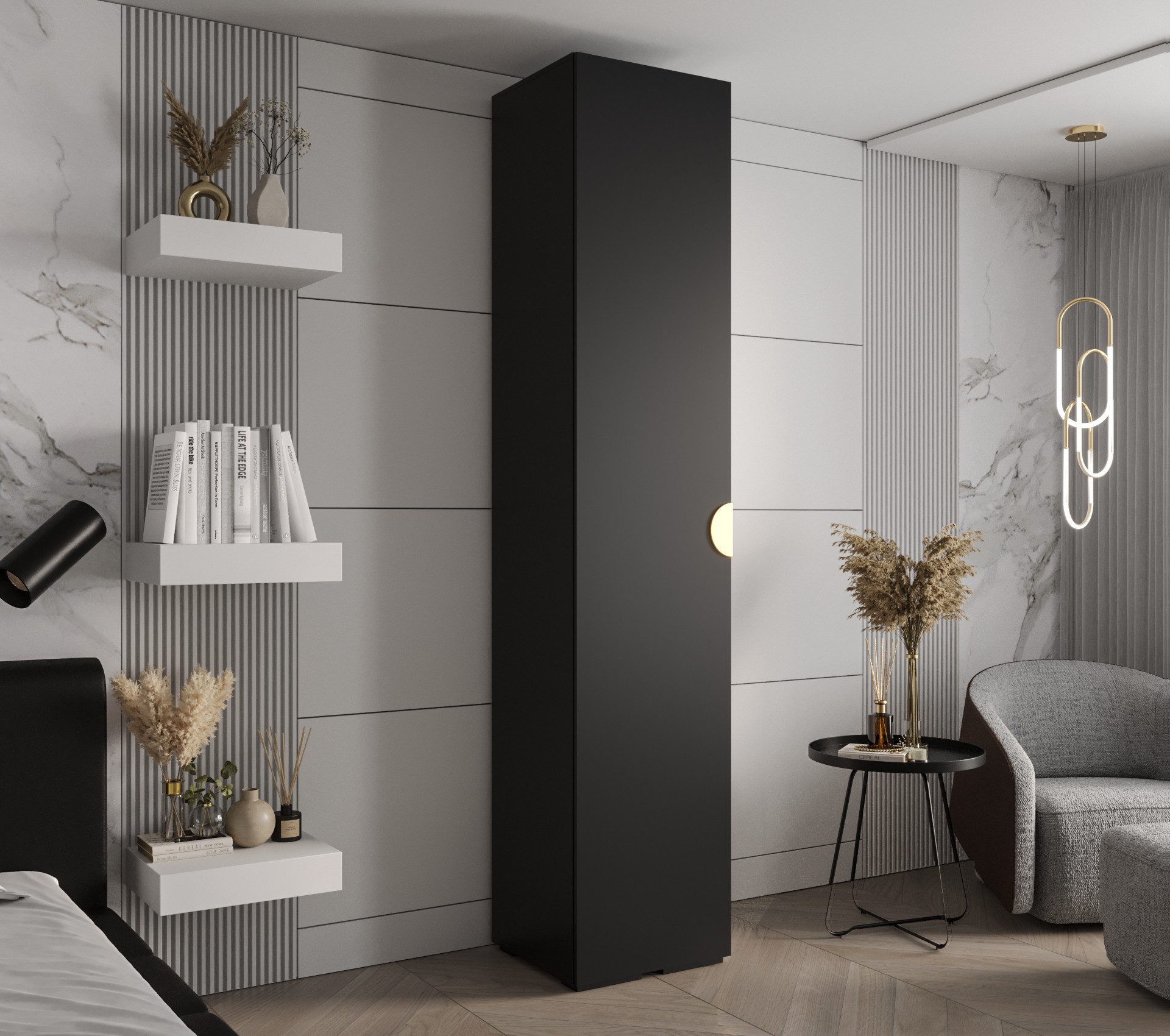 MOEBLO Schrankmodule IVONA 4 (goldene Griffe, elegante Garderobe, glamouröser Stil, Schrank Garderobe Schiebtüren Schlafzimmer, Modularer Kleiderschrank)