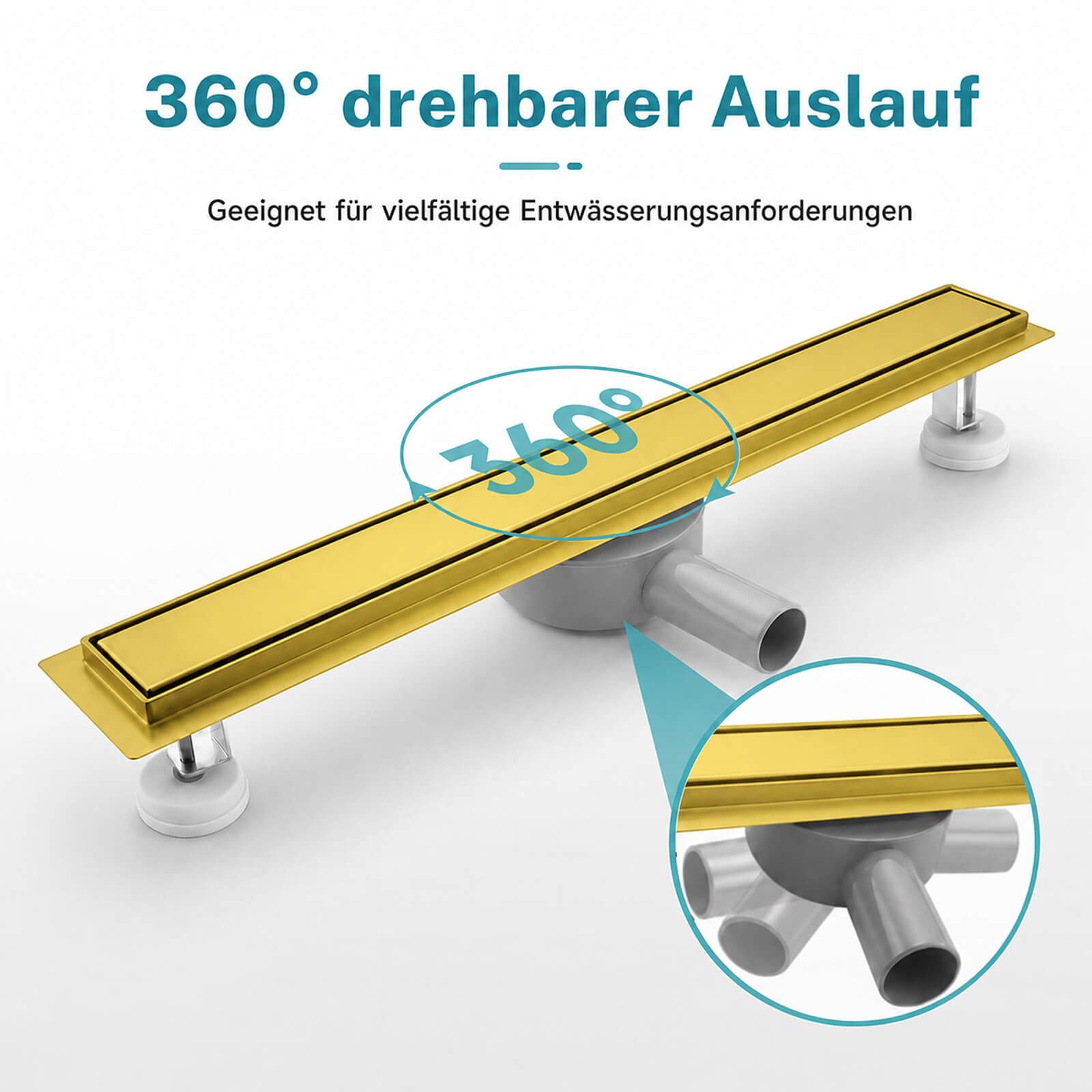 SaniteModar Duschrinne Gold, mit 360° Siphon, Haarsieb und 2-in-1 Wendedesign, 1-St., befliesbar, extra flacher Edelstahl-Bodenablauf 60cm