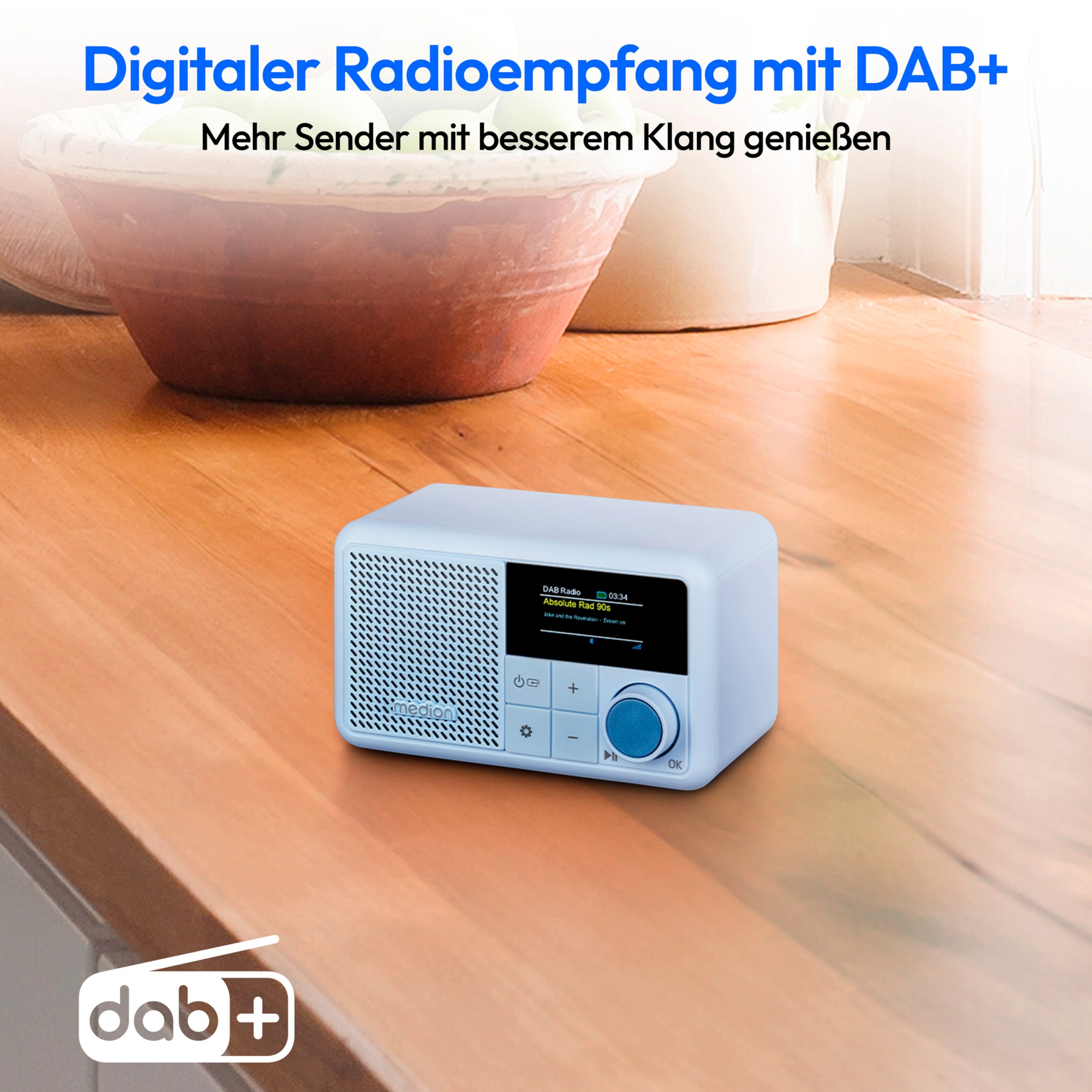 Medion® Tragbares DAB+ Radio MEDION® LIFE® S66822 (MD44822) Radio (MW/UKW, AM/FM, DAB+, RDS, 2 W, ca. 6,5 Akkulaufzeit, Farb-TFT-Display, Bluetooth® 5.3, IPX1-Schutz)