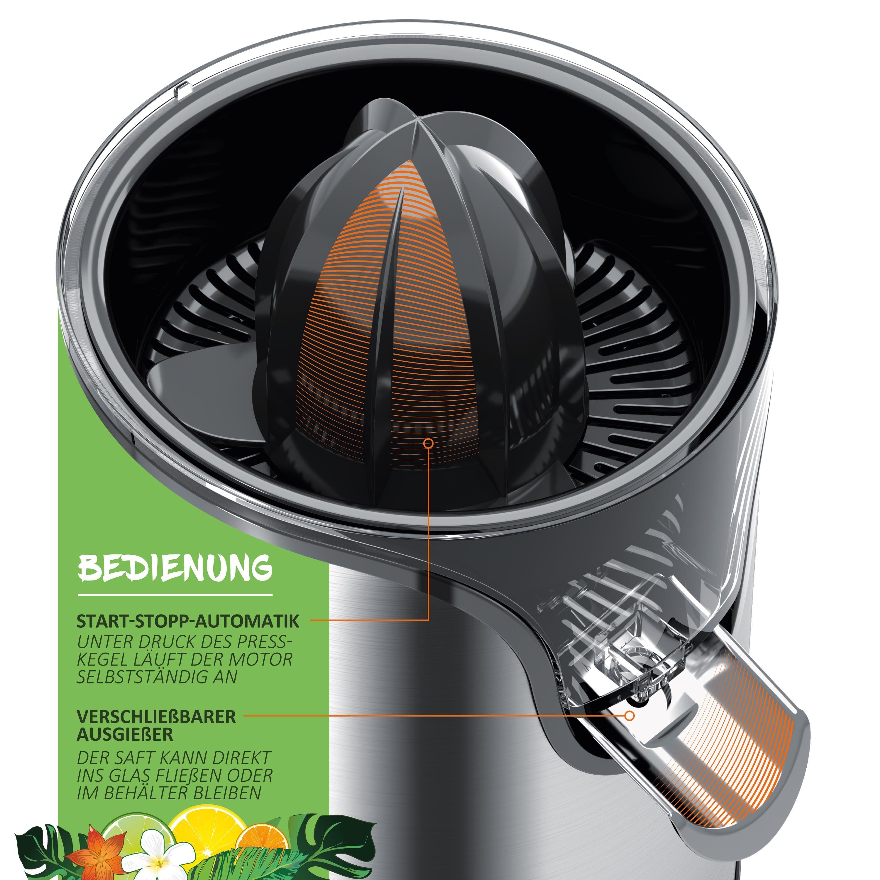 Arendo Zitruspresse Edelstahl Zitronenpresse, elektrisch, Siebeinsatz, Zitronen Presse, 100 W, Limetten & Orangenpresse, großer & kleiner Presskegelaufsatz, BPA – Bild 4 von 5