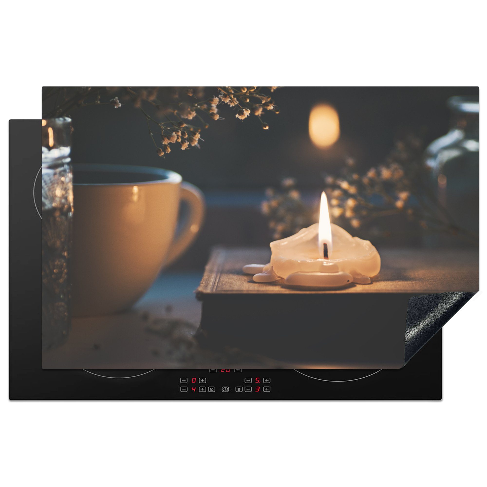 MuchoWow Herdblende-/Abdeckplatte Kerze auf einem Buch, Vinyl, (1 tlg), 81x52 cm, Induktionskochfeld Schutz für die küche, Ceranfeldabdeckung