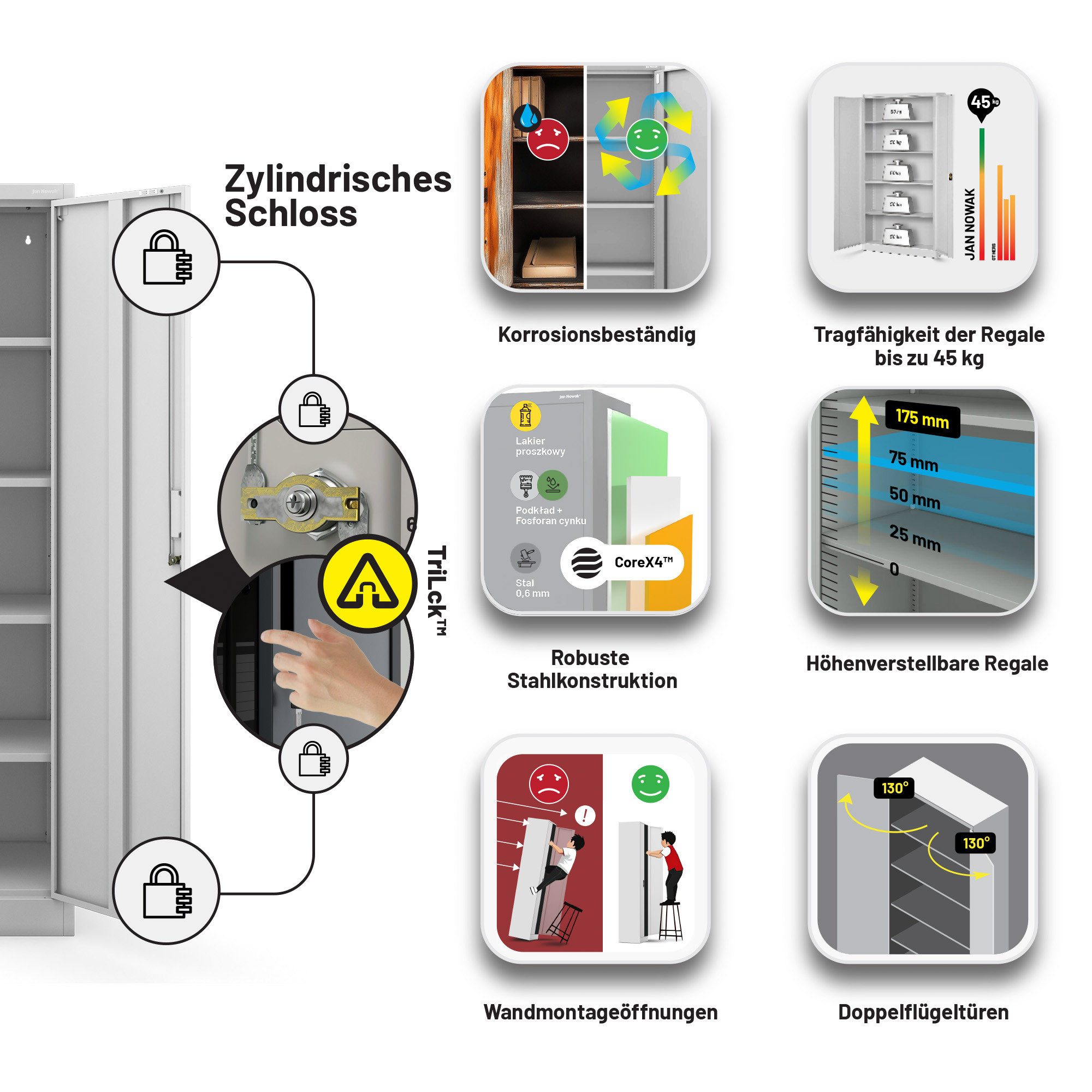 Jan Nowak Aktenschrank Metall Büroschrank abschließbar 80 cm JAN Compact 4 Böden Stahl (Stahl 0,6 mm Wandmontage möglich PZH-zertifiziert kompakt) Ordnerschrank – Bild 4 von 5