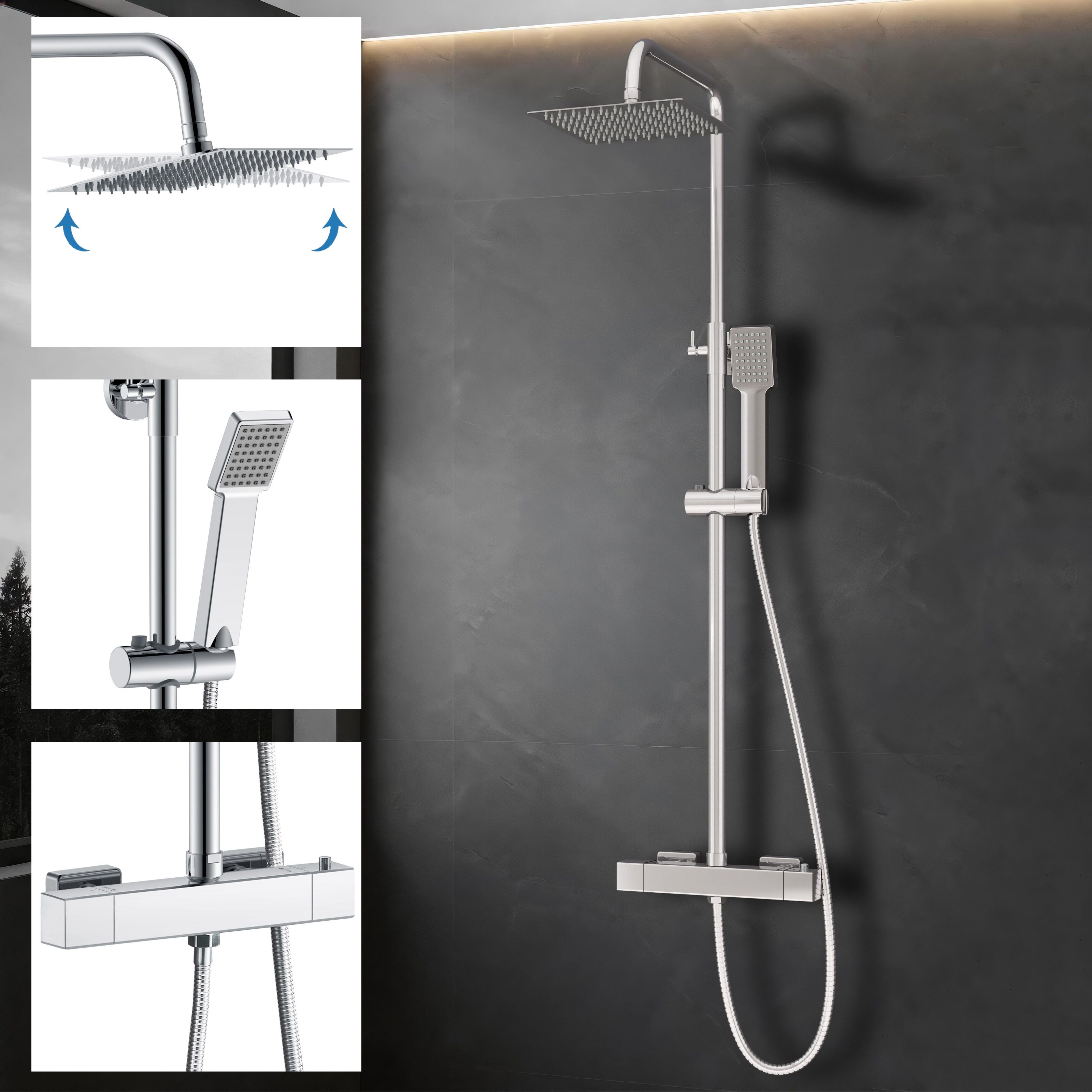 duschspa Duschsystem Duschset mit Thermostat 38℃ verstellbare Duschstange aus Edelstahl, 2 Strahlart(en), Regendusche mit quadratischem Duschkopf 20x20cm