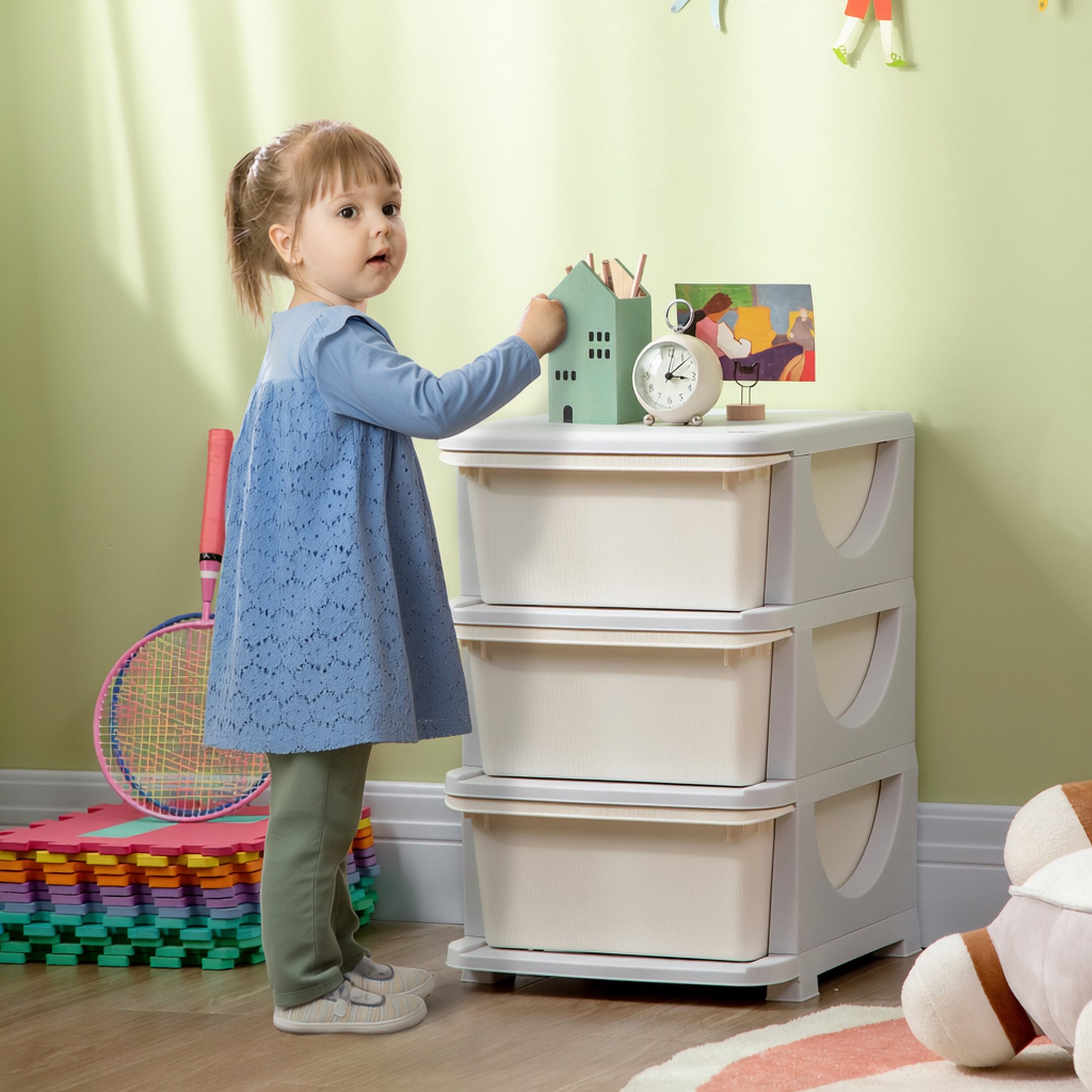 HOMCOM Spielzeugtruhe Schubladenschrank mit Stauraum, Spielzeugkiste, drei Ebenen (Spielzeug-Organizer, 1 St., Aufbewahrungsboxen), für Kinderzimmer 3-6 Jahre Kindermöbel Cremeweiß 37 x 37 x 56,5 cm