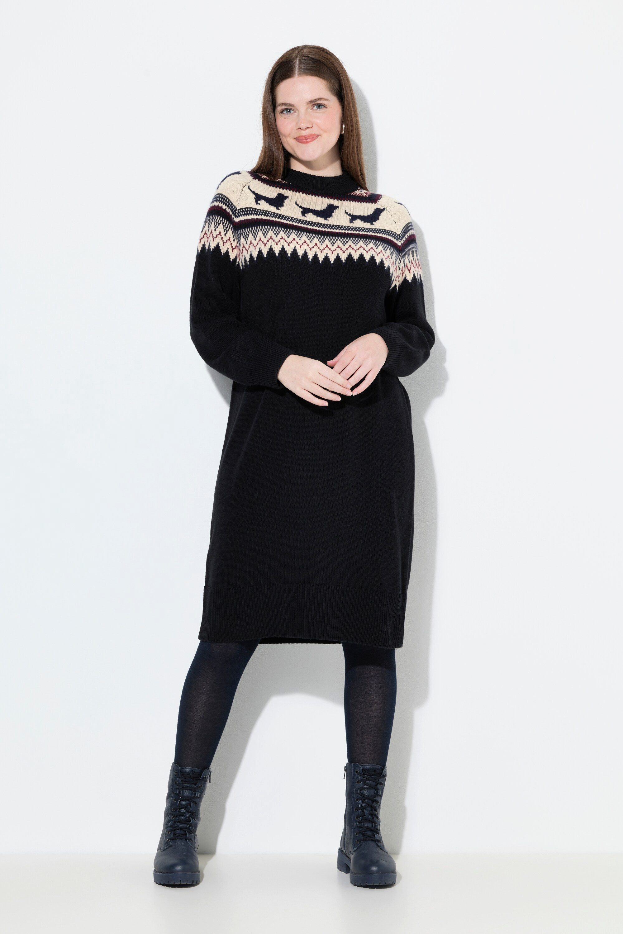 Ulla Popken Strickkleid Norweger-Strickkleid Hunde Stehkragen Langarm günstig online kaufen