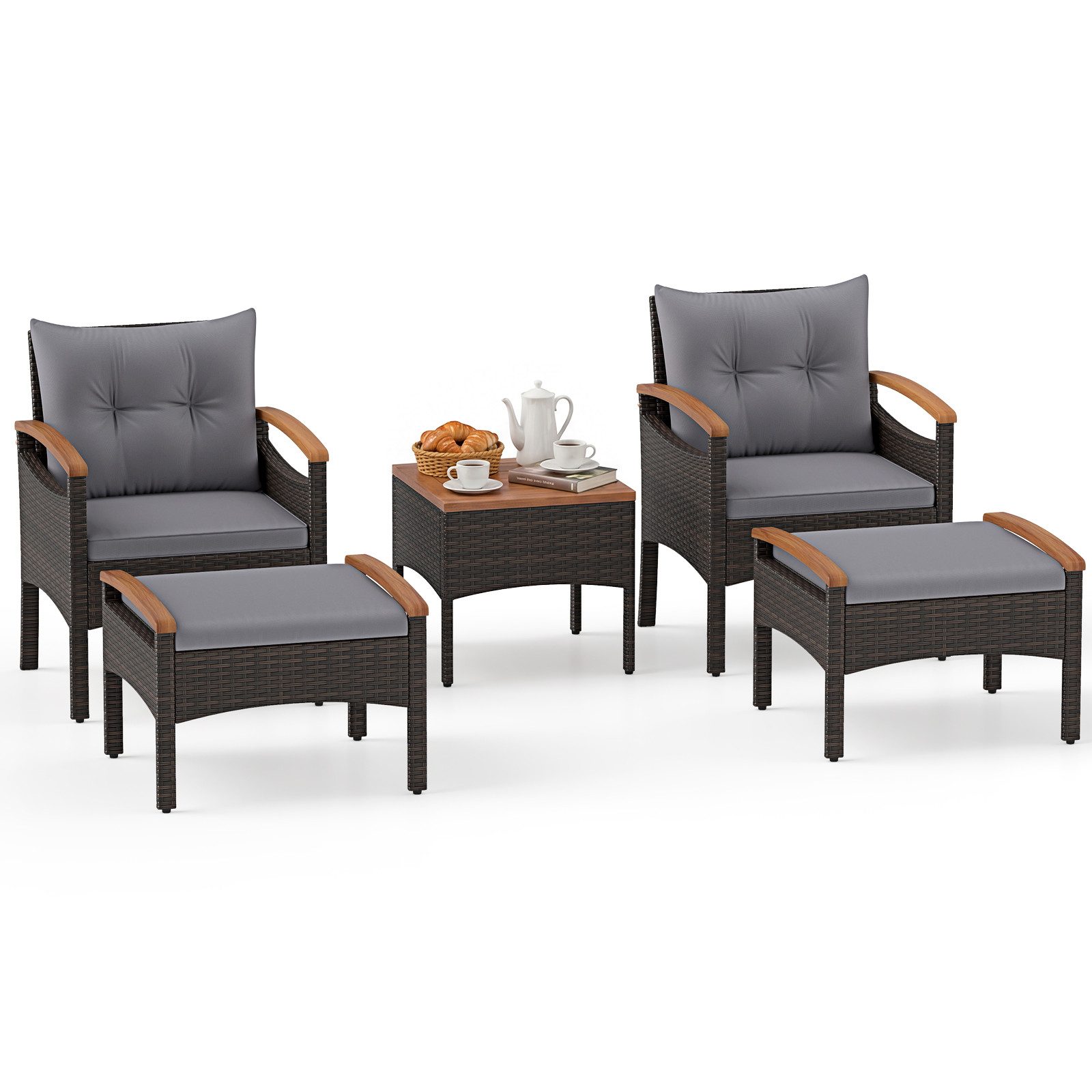 COSTWAY Balkonset Rattan, (5tlg), Akazienholzplatte, mit Kissen, bis 180kg